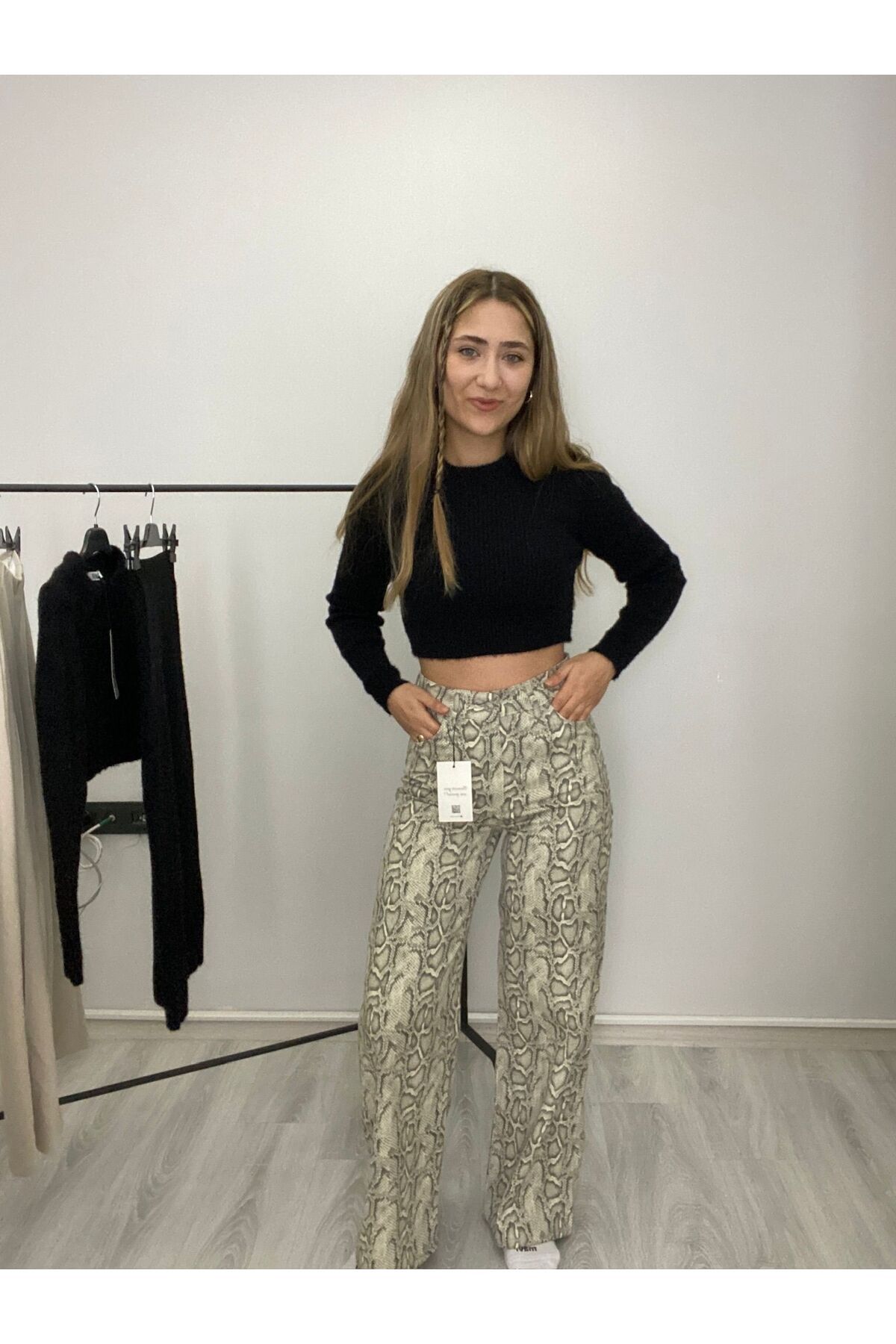 Butik Bol Paça Pantolon Yılan Derisi Desenli Cepli Yüksek Bel