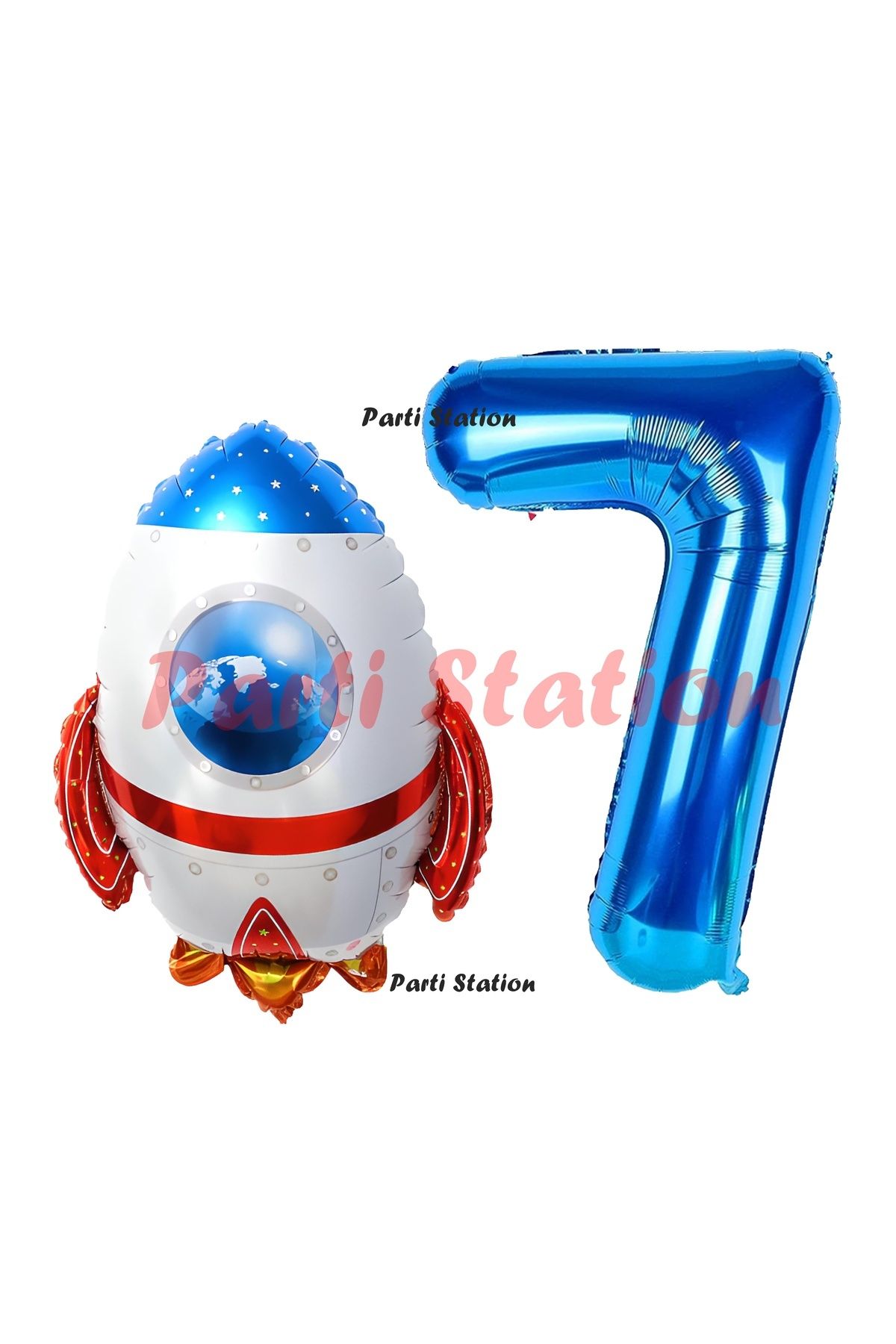 Partifest Uzay Konsept Roket Balon 7 Yaş Doğum Günü Set Uzay Konsept Balon ve Lacivert Rakam Balon
