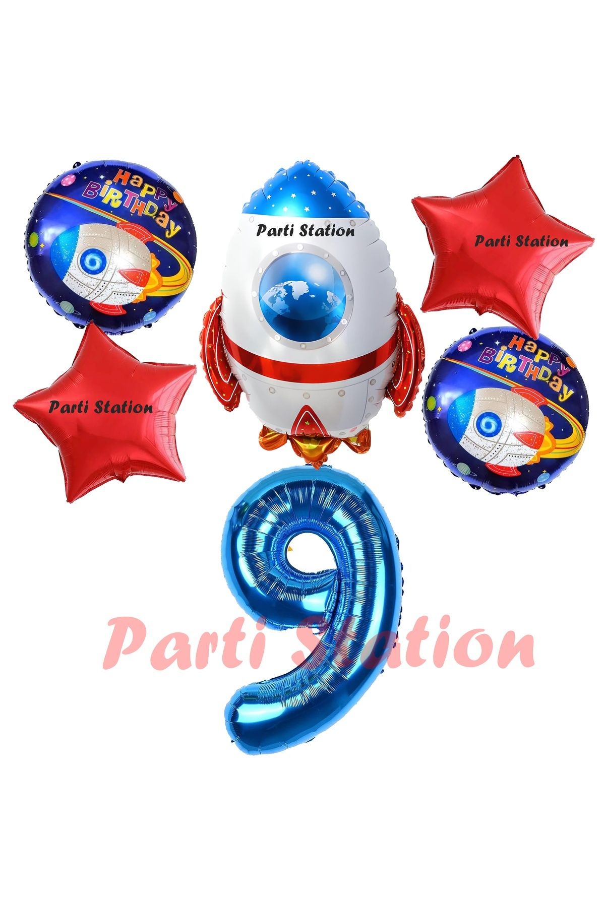 Partifest Uzay Konsept Roket Balon 9 Yaş Doğum Günü Set Uzay Konsept Balon Rakam Balon Set