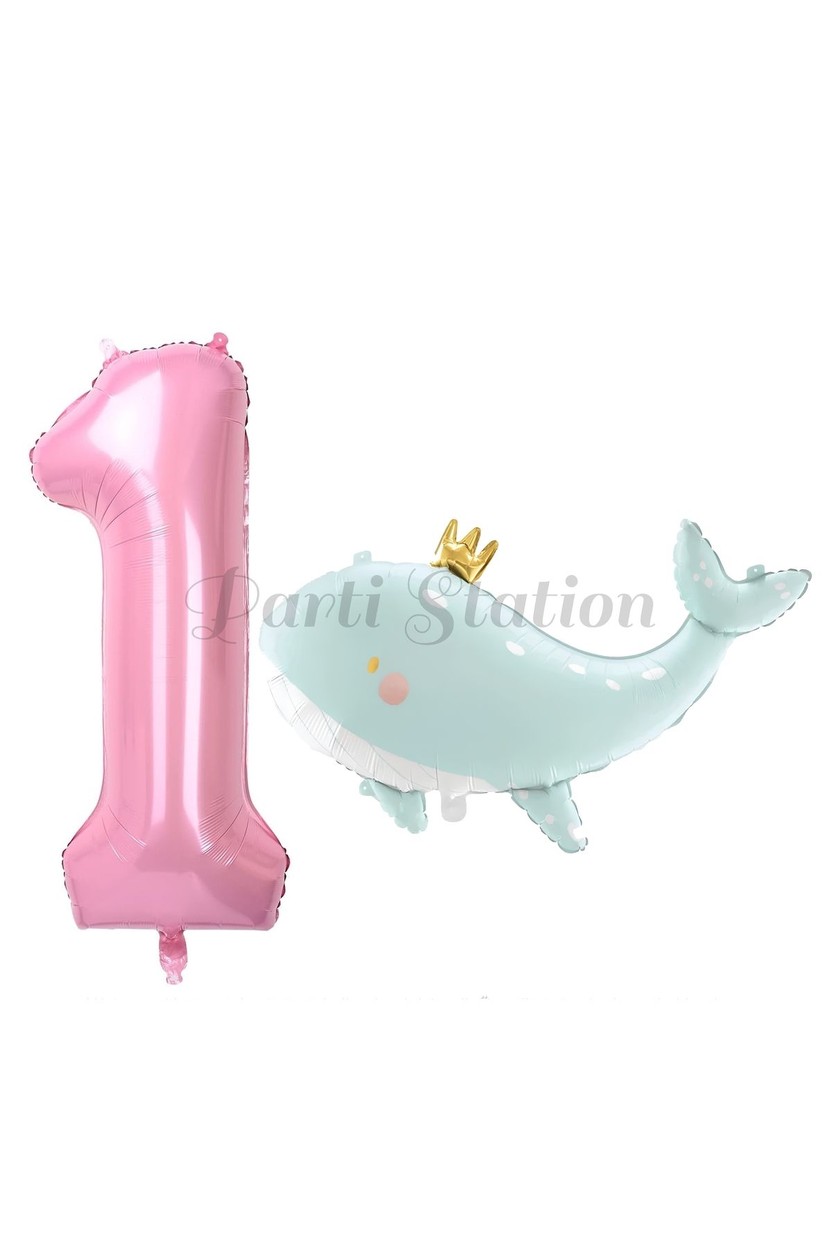 Partifest Sevimli Yeşil Balina 1 Yaş Balon Set Deniz Okyanus Canlıları Konsept Balon ve Pembe Rakam Balon