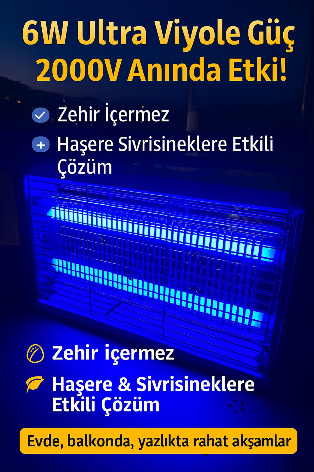 emybox Elektrikli Ultraviyole 2 Mor Led Işıklı Metal Askı Aparatlı 6W 2000V Uv Sinek Haşere Öldürücü Tuzak