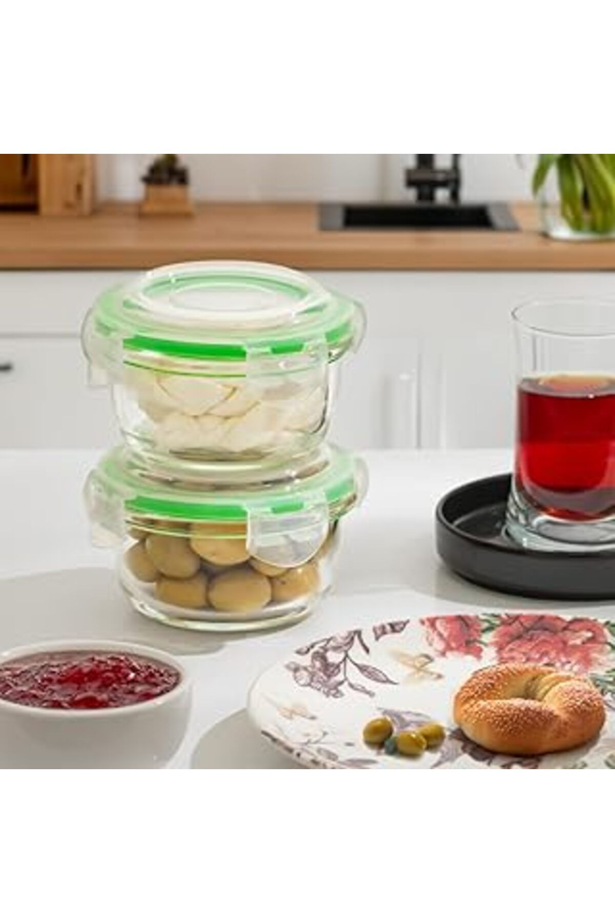 Mu Art Ahşap Porsima Por Sızdırmaz Kilitli Kapaklı Çok Amaçlı 2 Li Kahvaltılık Erzak Cam Saklama Kabı 240 Ml - Y