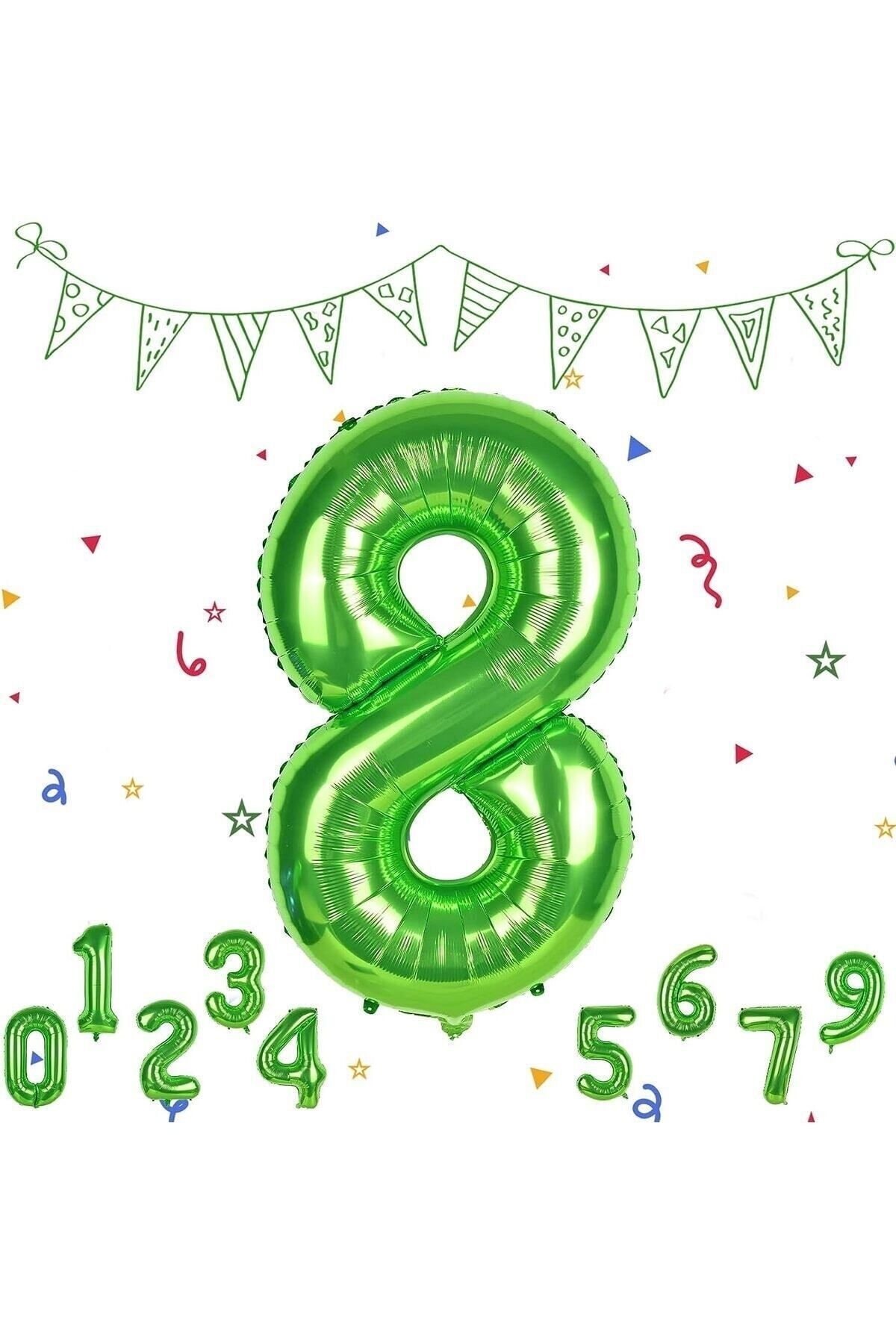 Partifest 8 Yaş Yeşil Renk Rakam Folyo Balon 8 Sekiz Rakam Yeşil Renk Helyum Uçan Balon Rakam Balon
