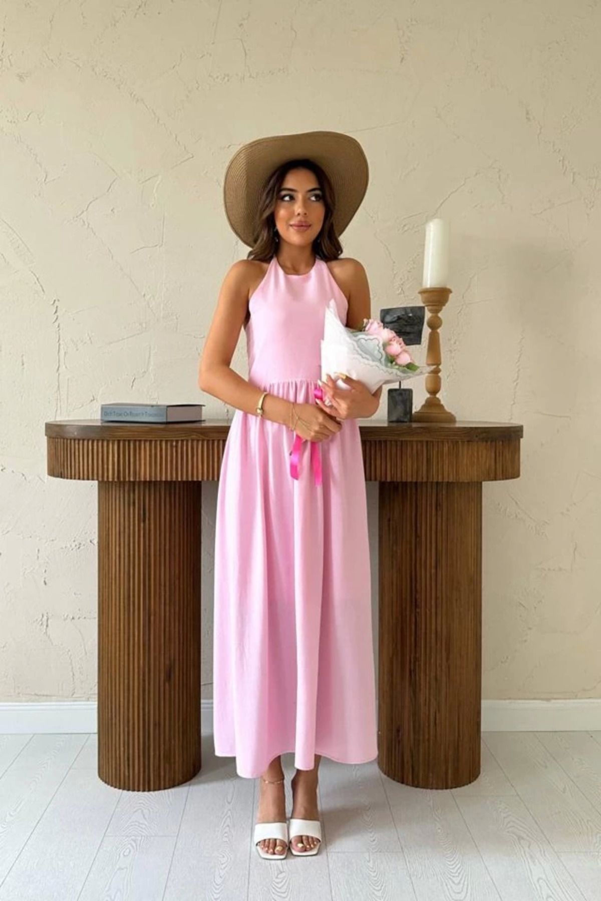 ZORM Pembe Arkası Gipeli Keten Elbise