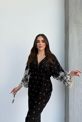 mezqa Uzun Kollu Etek Desenli Uzun Kadın Elbise