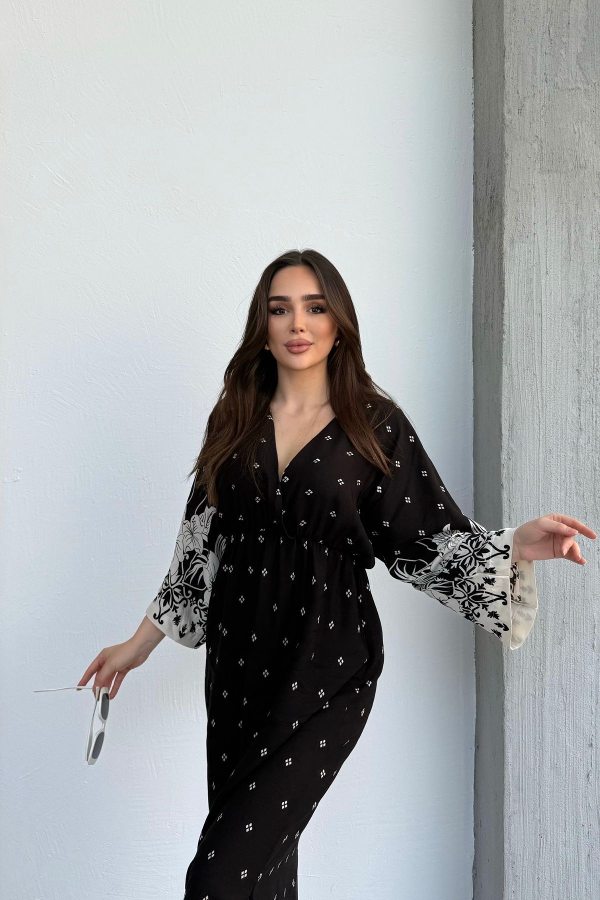 Mezka Uzun Kollu Etek Desenli Uzun Kadın Elbise