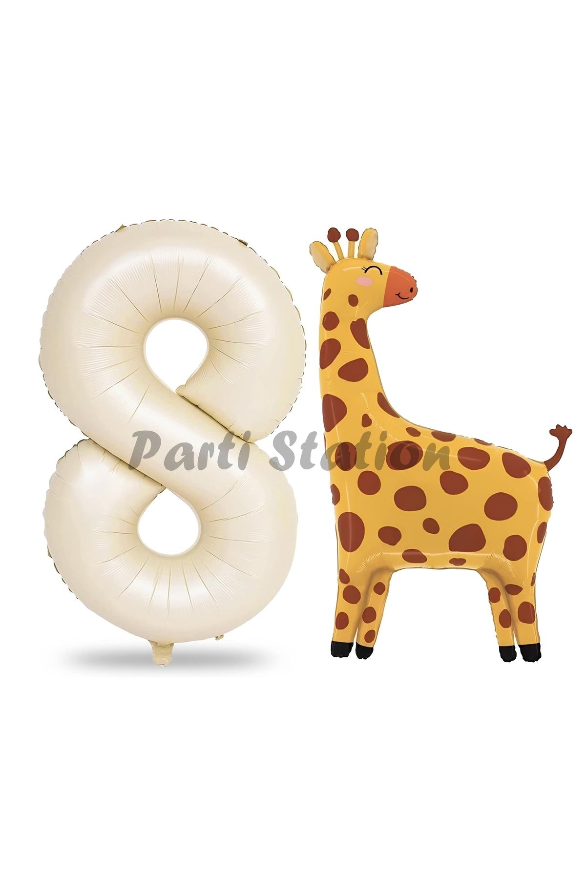 Partifest Safari Zürafa Balon 8 Yaş Balon Set Safari Konsept Sevimli Zürafa Balon ve Krem Renk Rakam Balon