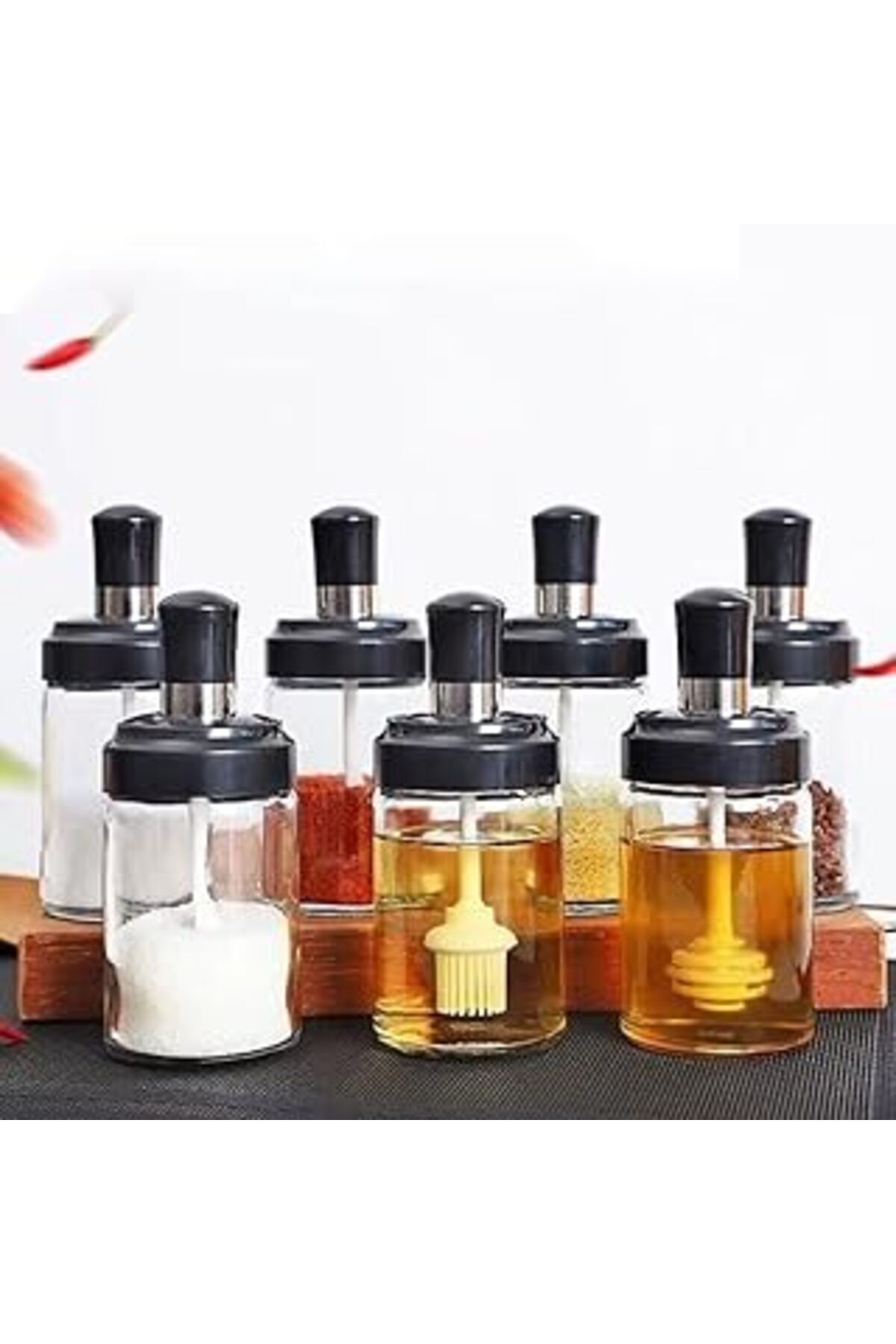 Mu Art Ahşap Cam Baharatlık Seti, 6'Lı, Kendinden Fırçalı Ve Kaşıklı, Bal Kavanozu, Siyah Kapaklı Set, 300 Ml Ba