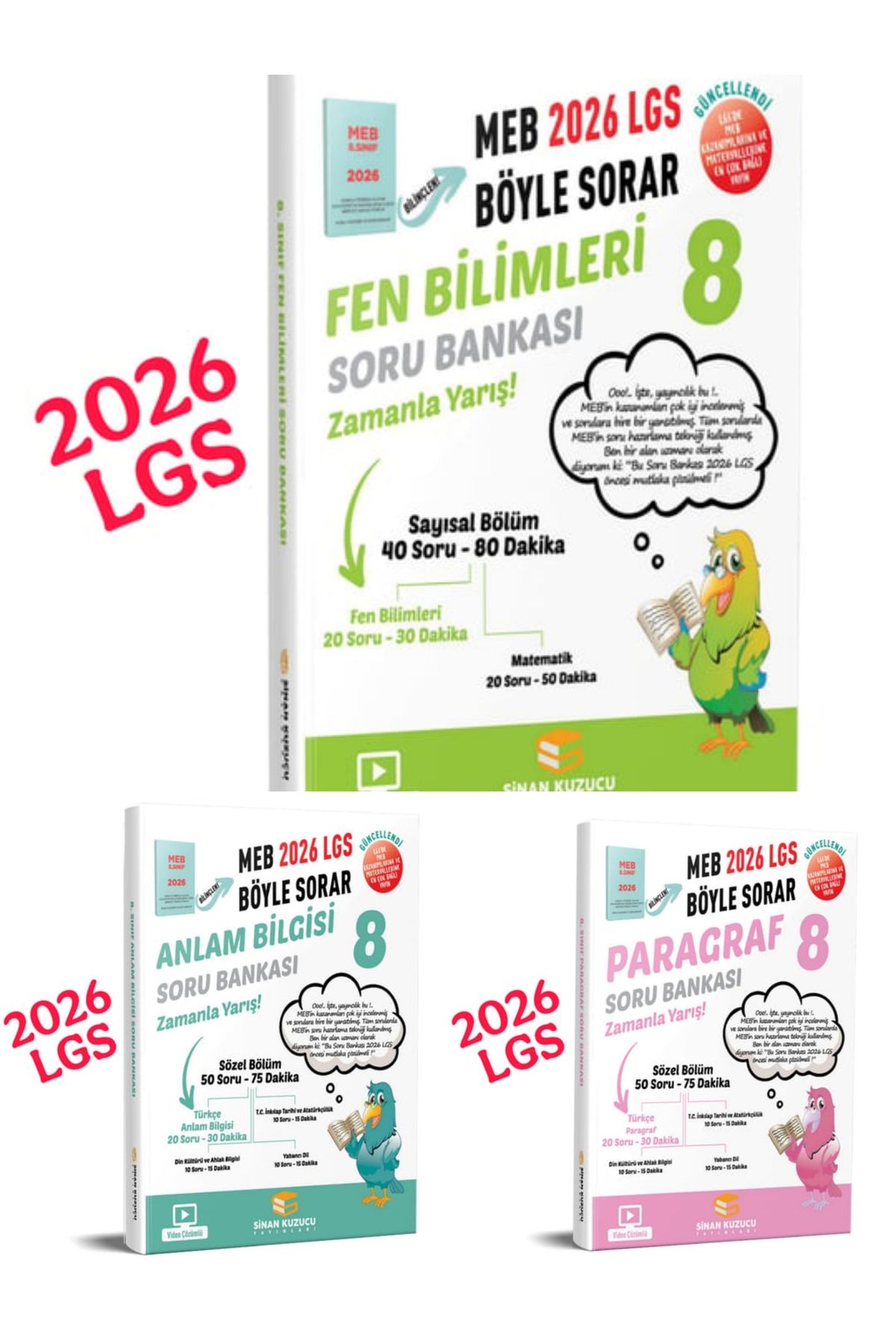 SİNAN KUZUCU YAYINLARI 2026 LGS 8.sınıf fen bilimleri-anlam bilgisi-paragraf soru bankası 3'lü seti