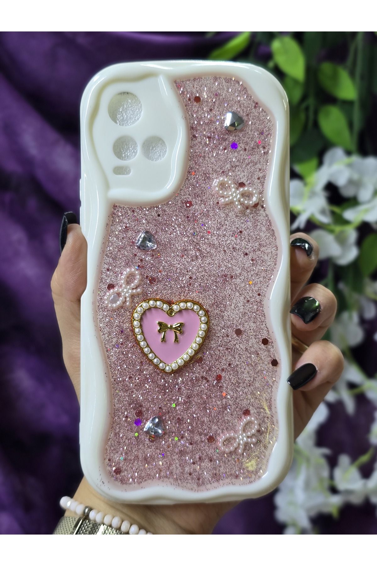 Magic Ring Vivo Y21/Y21S Uyumlu Kalpli Pembe Simli İnci ve Kurdele Detaylı Şık Telefon Kılıfı
