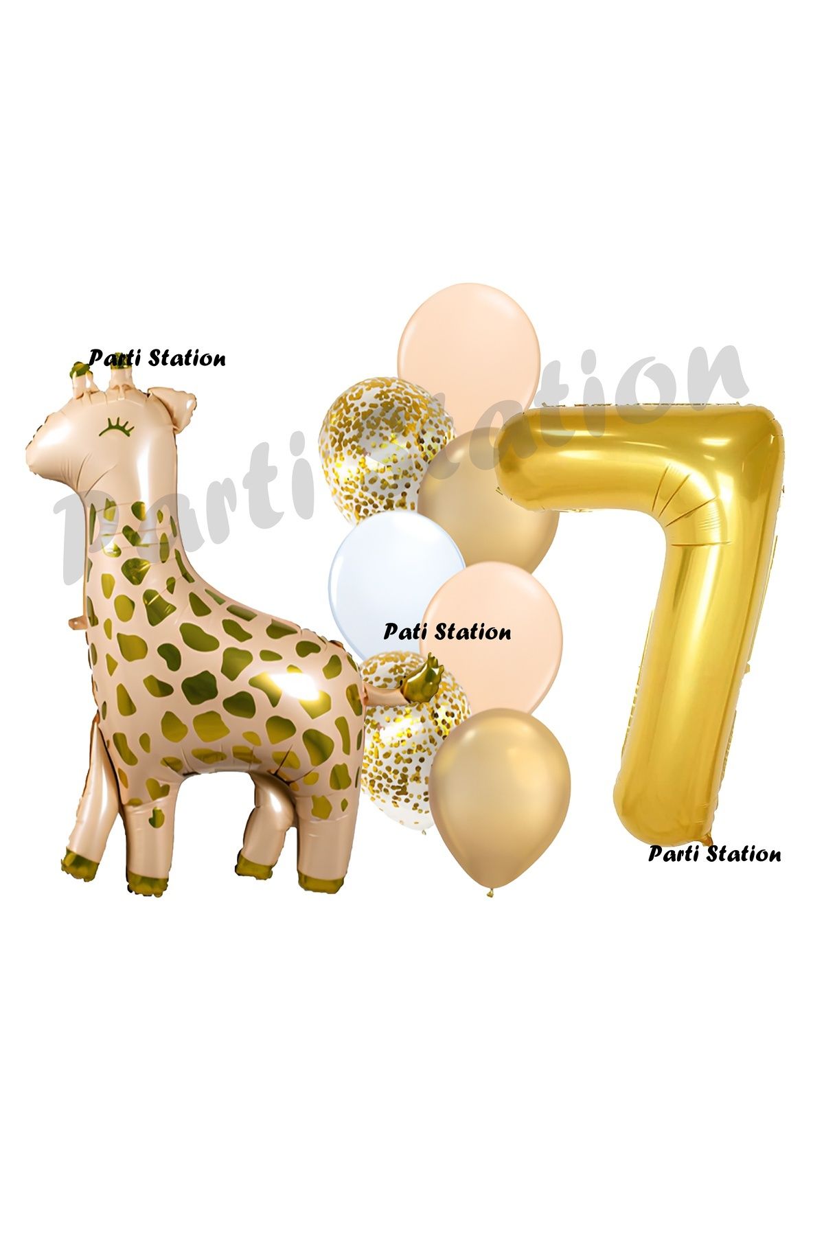 Partifest Zürafa Balon Set Safari Zürafa 7 Yaş Balon Set Sevimli Zürafa ve Gold Rakam Balon Doğum Günü Set