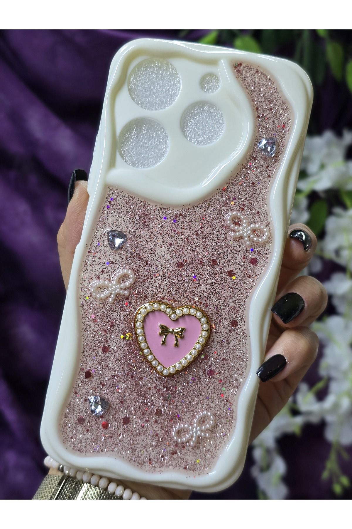 Magic Ring Tecno Spark 10 PRO Uyumlu Kalpli Pembe Simli İnci ve Kurdele Detaylı Şık Telefon Kılıfı