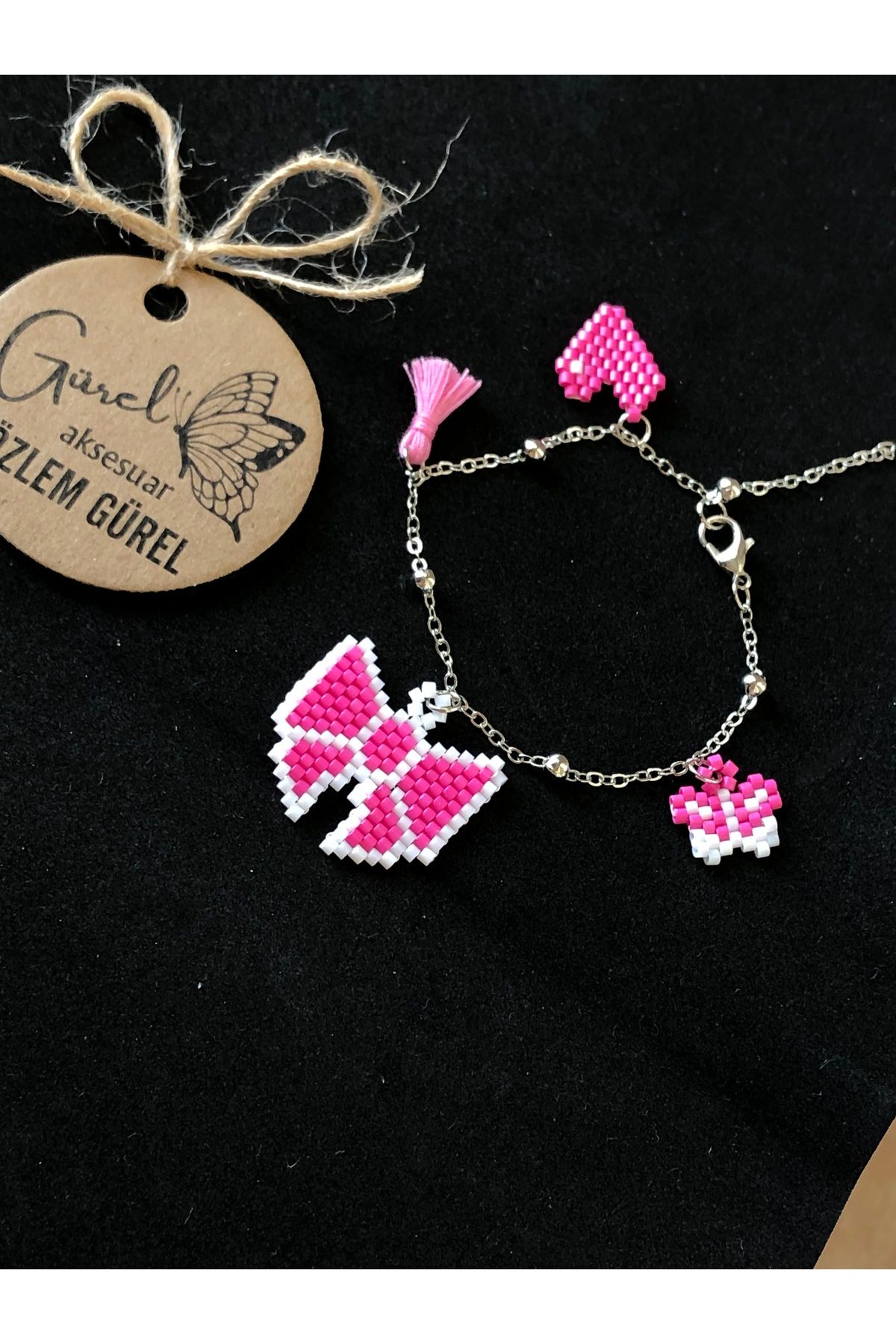 Gürel Takı Aksesuar El Yapımı Miyuki Bileklik, Charm Bileklik, Pembe Bileklik
