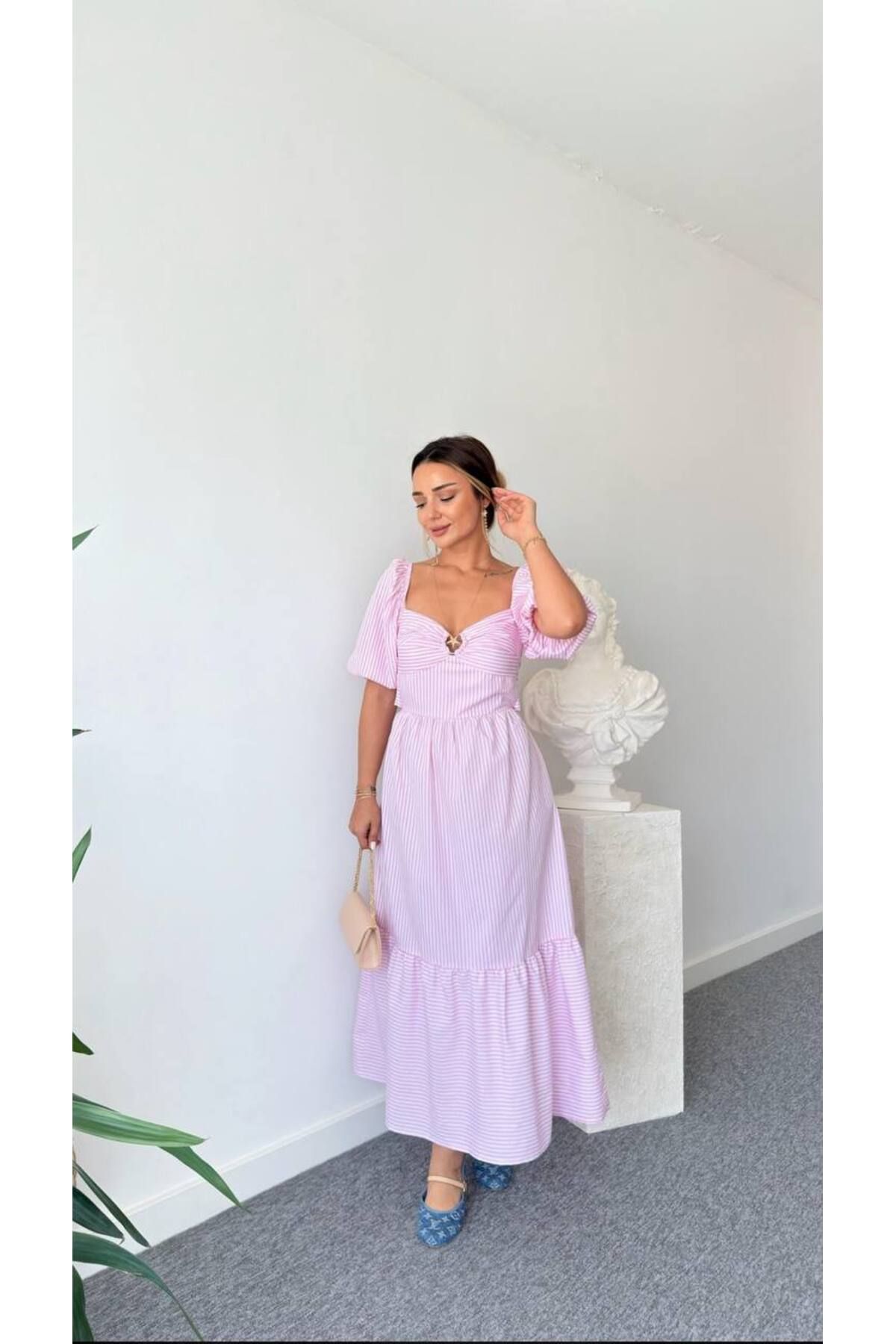 MSN ZARİF GOLD TOKA DETAYLI BRODE ELBİSE- PEMBE ÇİZGİLİ - KD 7403