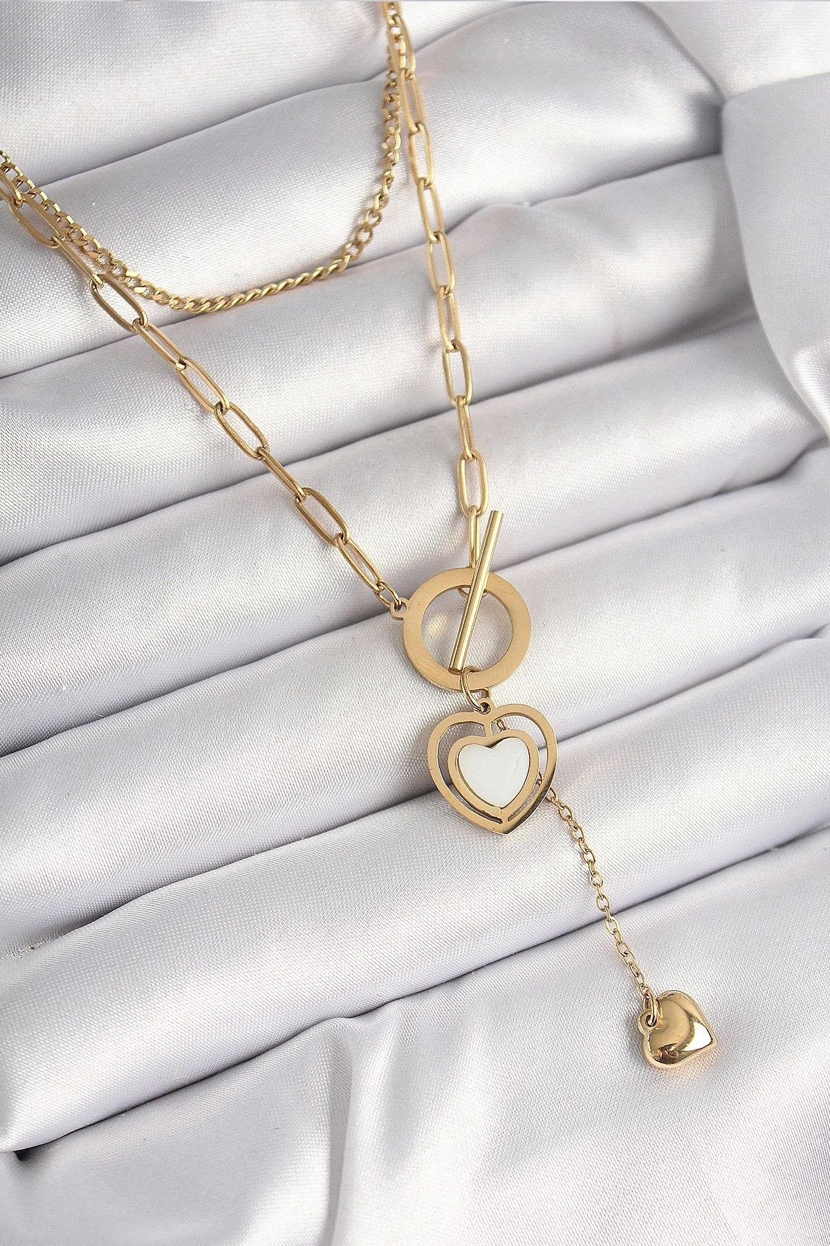 shopwave 316L Çelik Gold Renk 2'Li Zincir Model Sallantı Detay Kadın Kolye