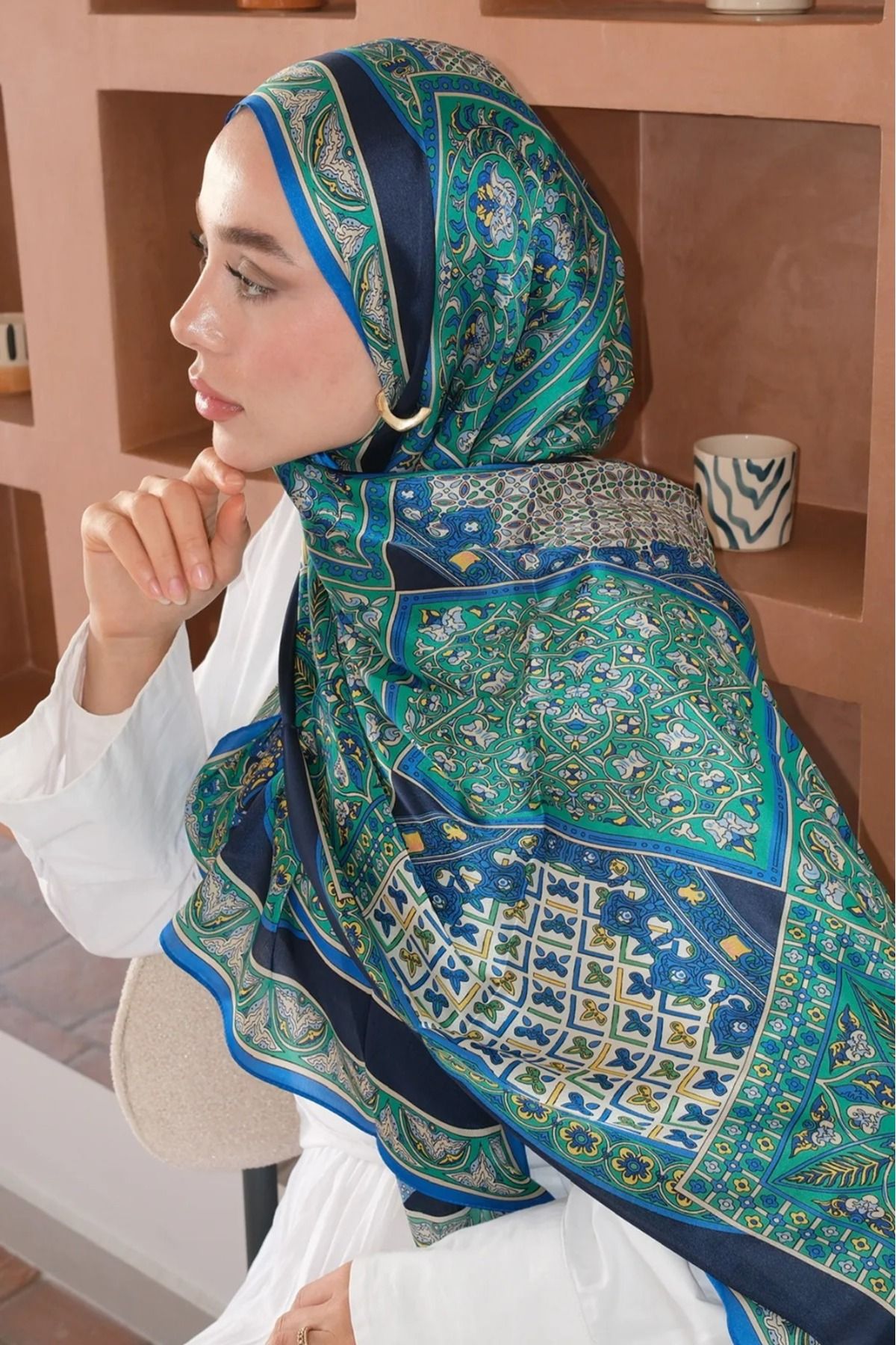 Merve Nayir İthal Vual İpek Bohem Etnik Desen Çift Taraflı Şal 75x200cm