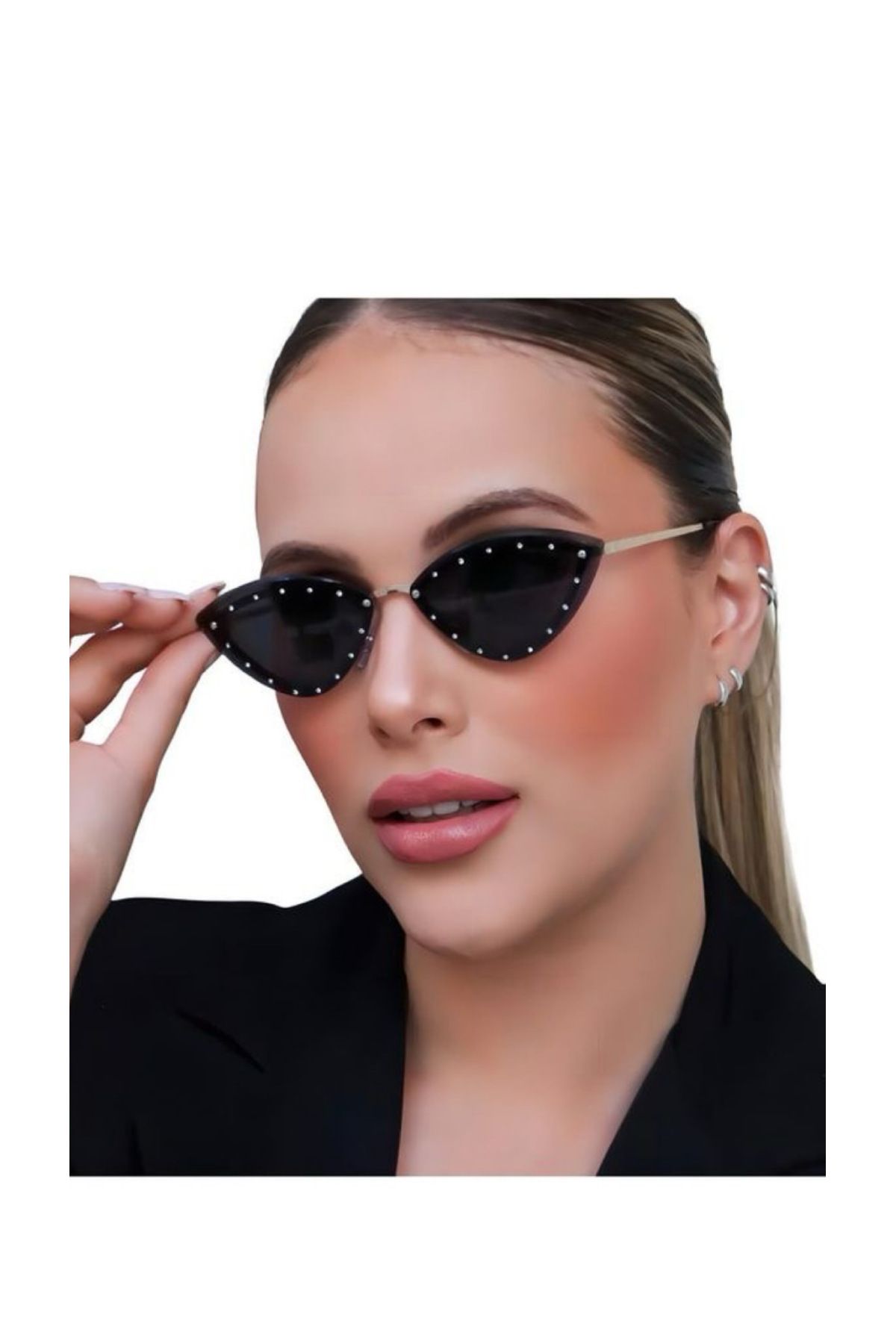 MONAL KONS SİYAH GÜNEŞ GÖZLÜĞÜ UV400 ORGANİK SİYAH CAM Cateye Çerçeve 60 Ekartman