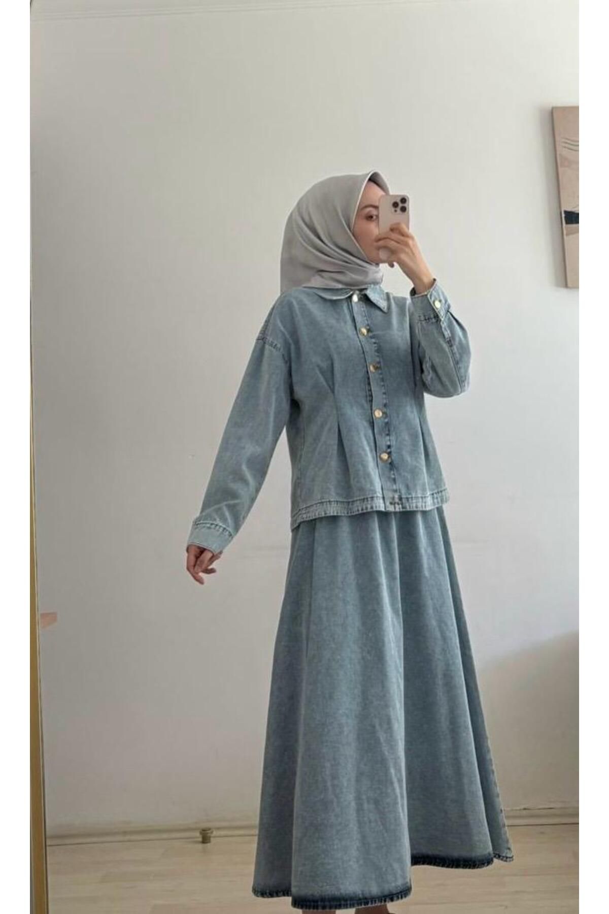 RSTM butik etekli beli lastikli ikili denim takım