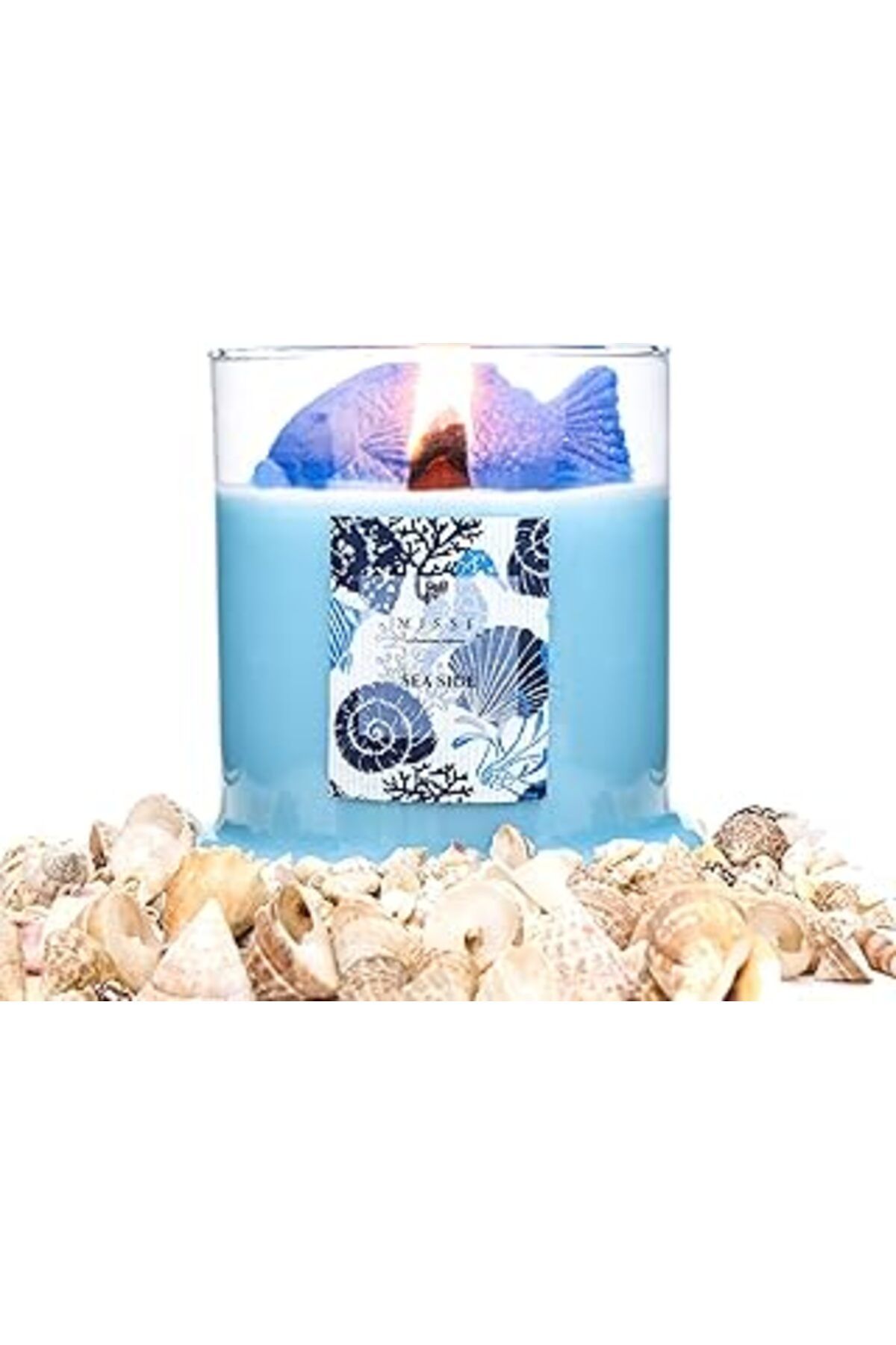 NETWORK ART Missi Büyük Üfleme Cam Balık Dekorlu Açık Mavi Aqua Mediterian Kokulu Vegan Mum (380 GR)