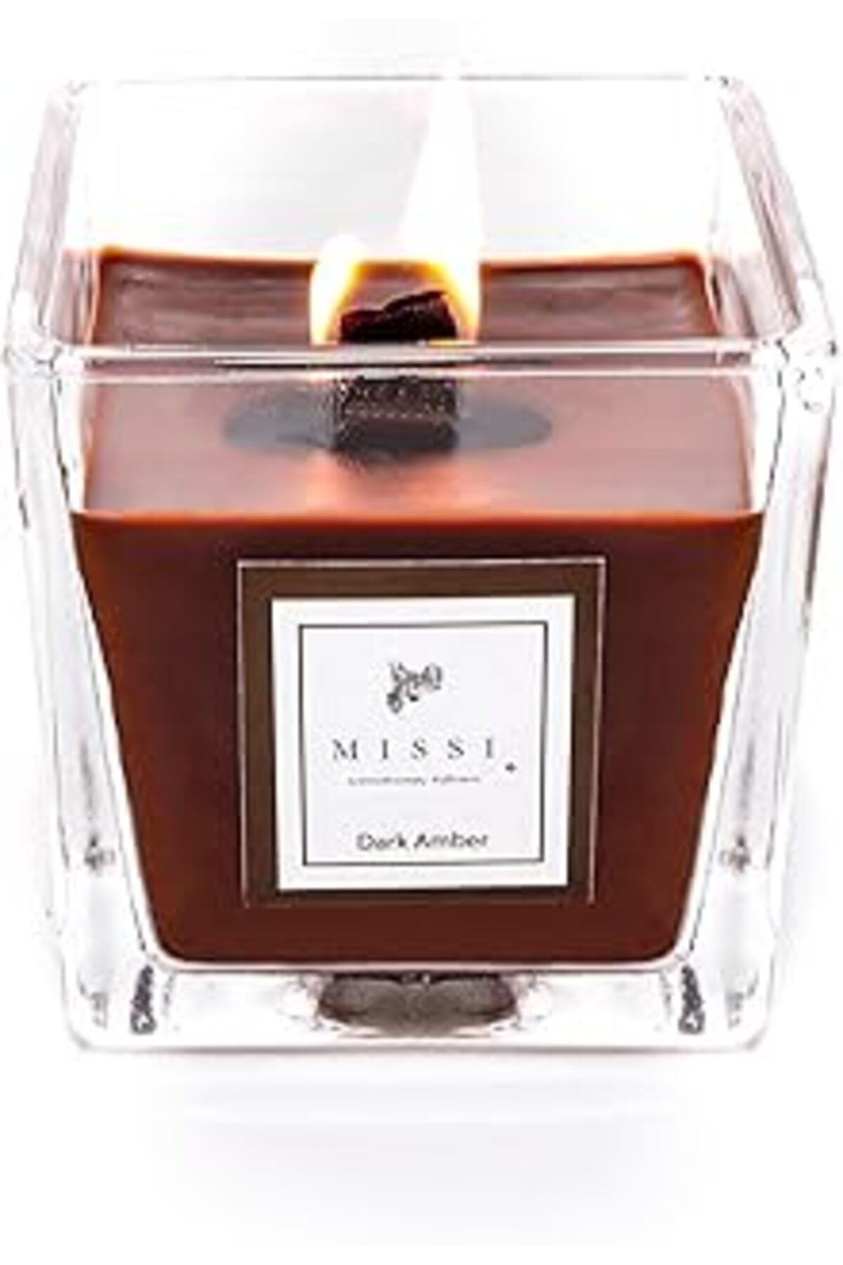 NETWORK ART Missi Kare Cam Ahşap Fitilli Dark Amber Kokulu Vegan Mum (8X8 CM)