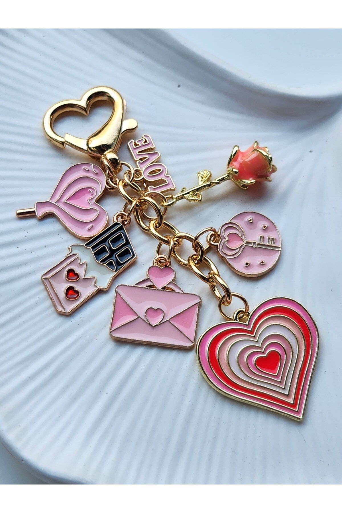 GIHANDMADE 💌 Aşkın Dili Çanta Charmı | Kalp, Mektup, Gül ve Anahtar Figürlü Pembe Aksesuar