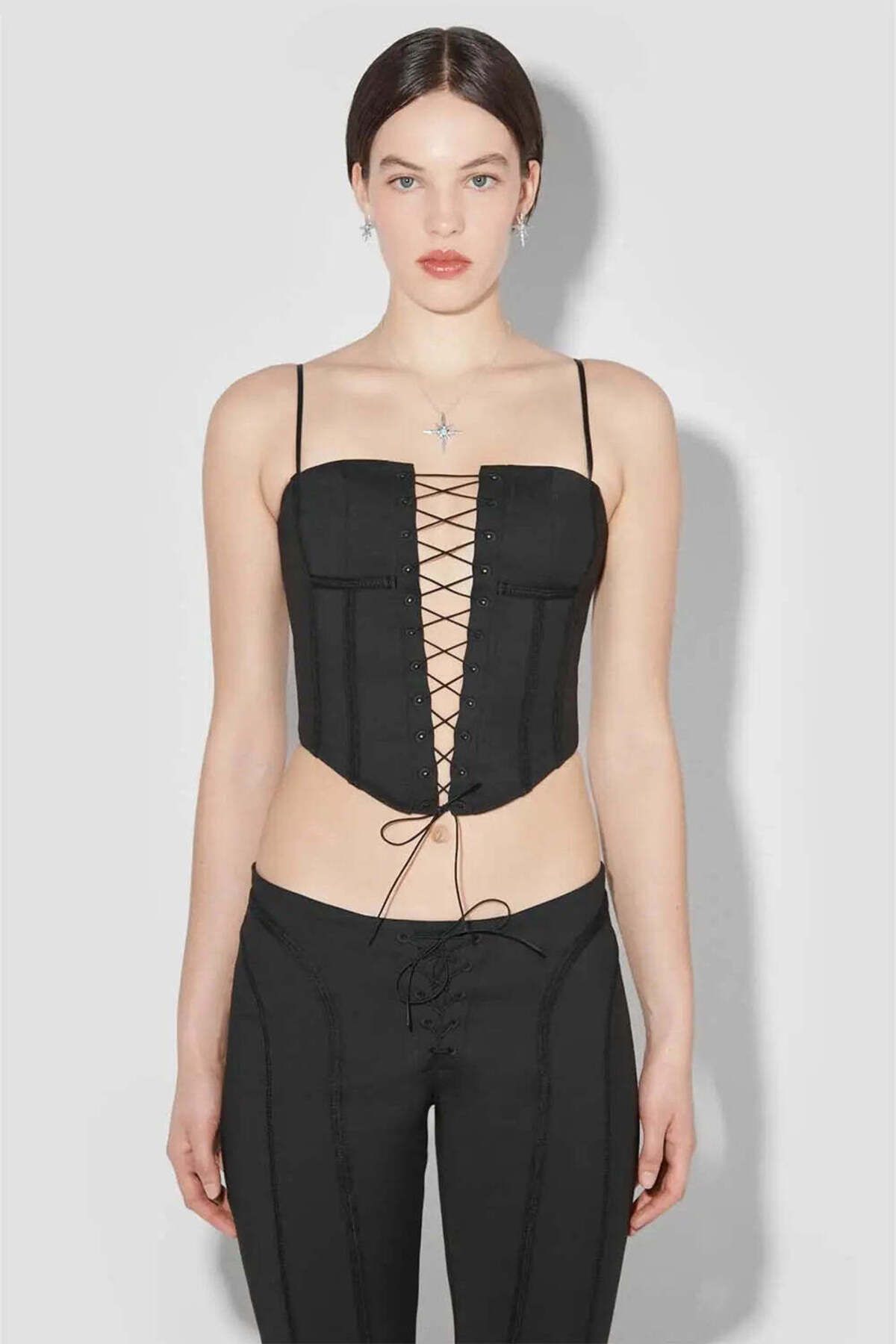 American Rag Cie Black Stretch Lara Laced Corset - Adjustable Straps & Cropped Hem