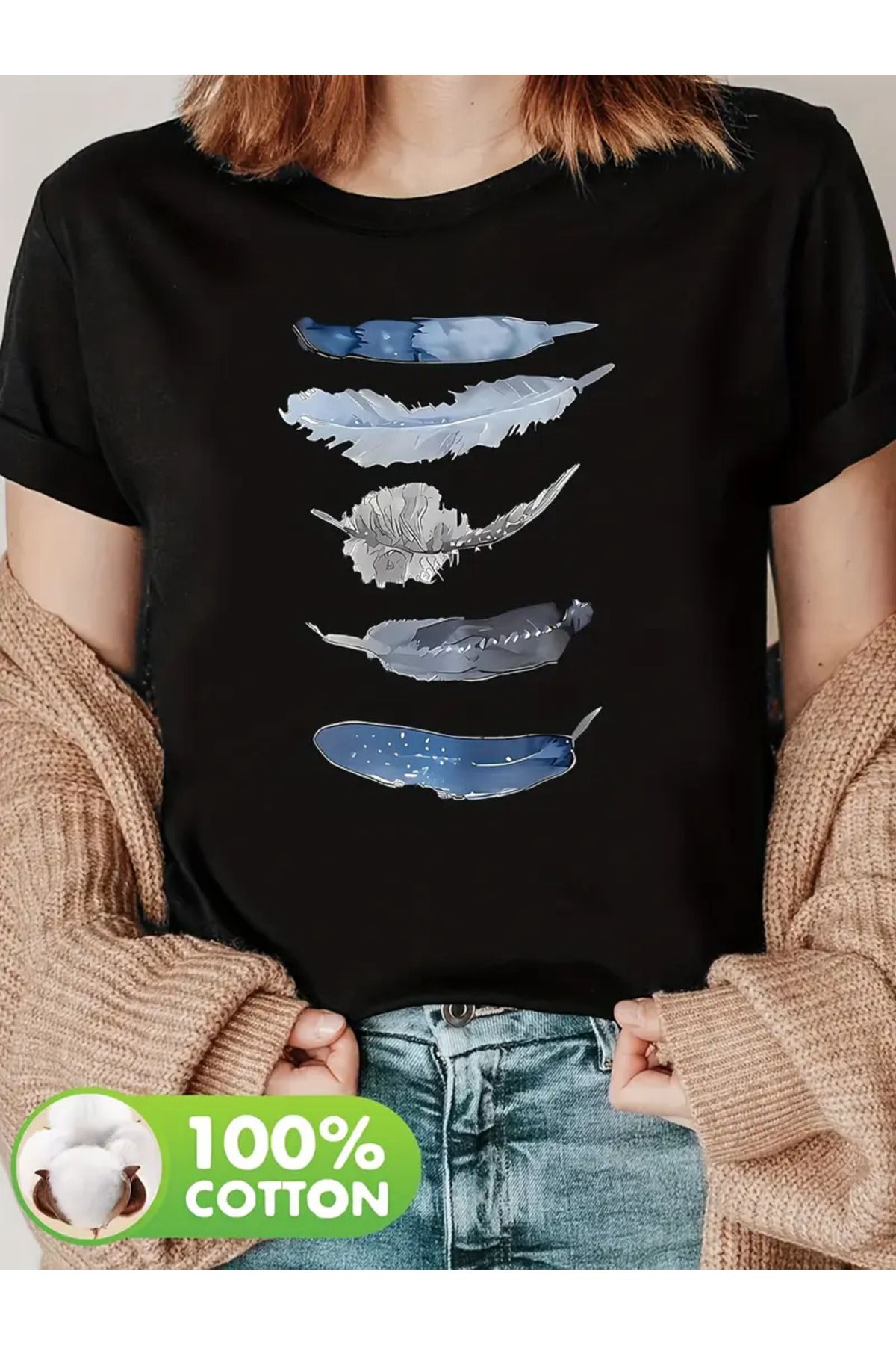 CLASİVA Renkli Tüyler Unisex Oversize Bisiklet Yaka T-shirt