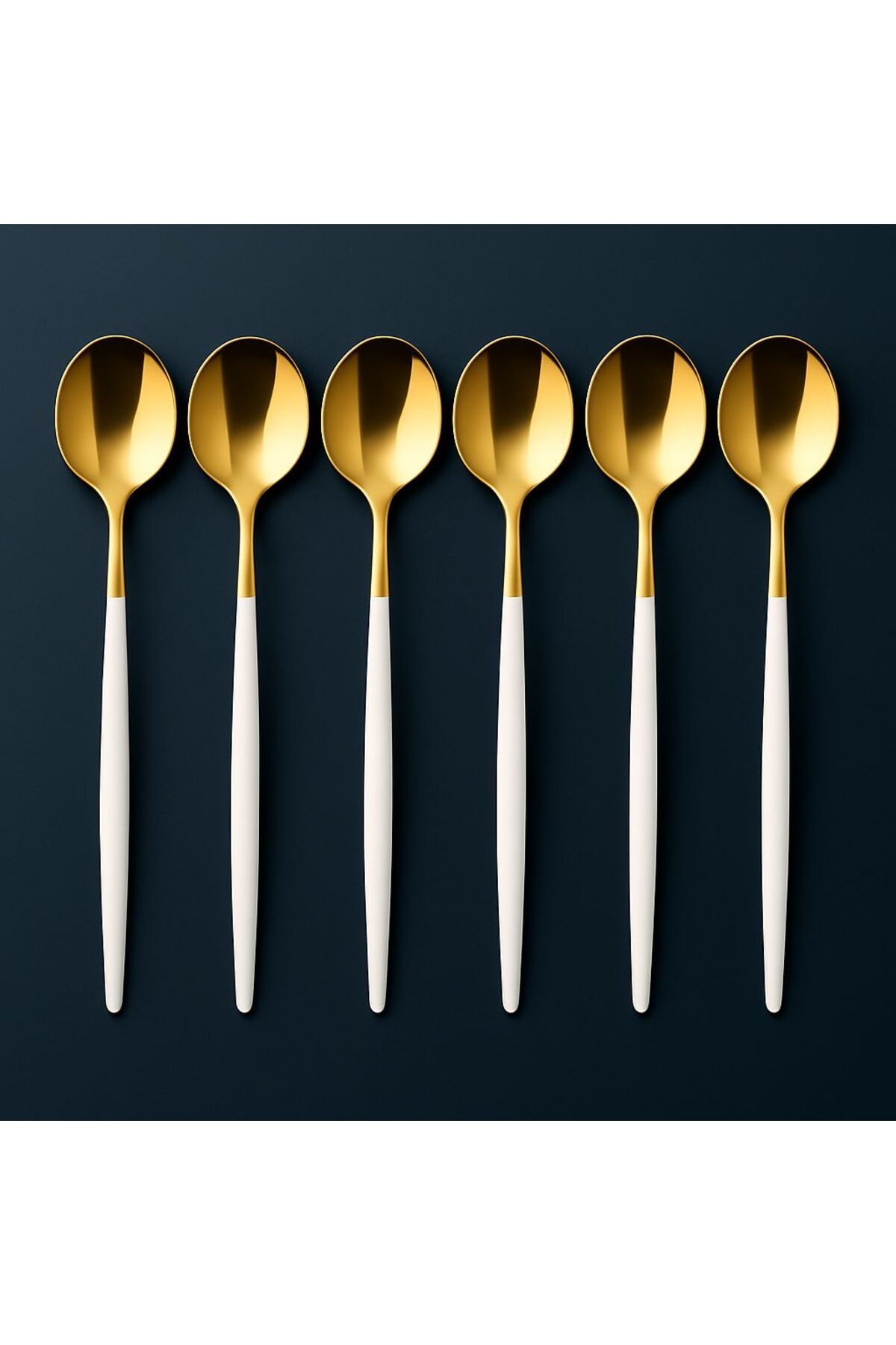 TARIK HOME 6 Kişilik Gold Beyaz Modern Yuvarlak Form Paslanmaz Çelik 6 Parça Kaşık Seti