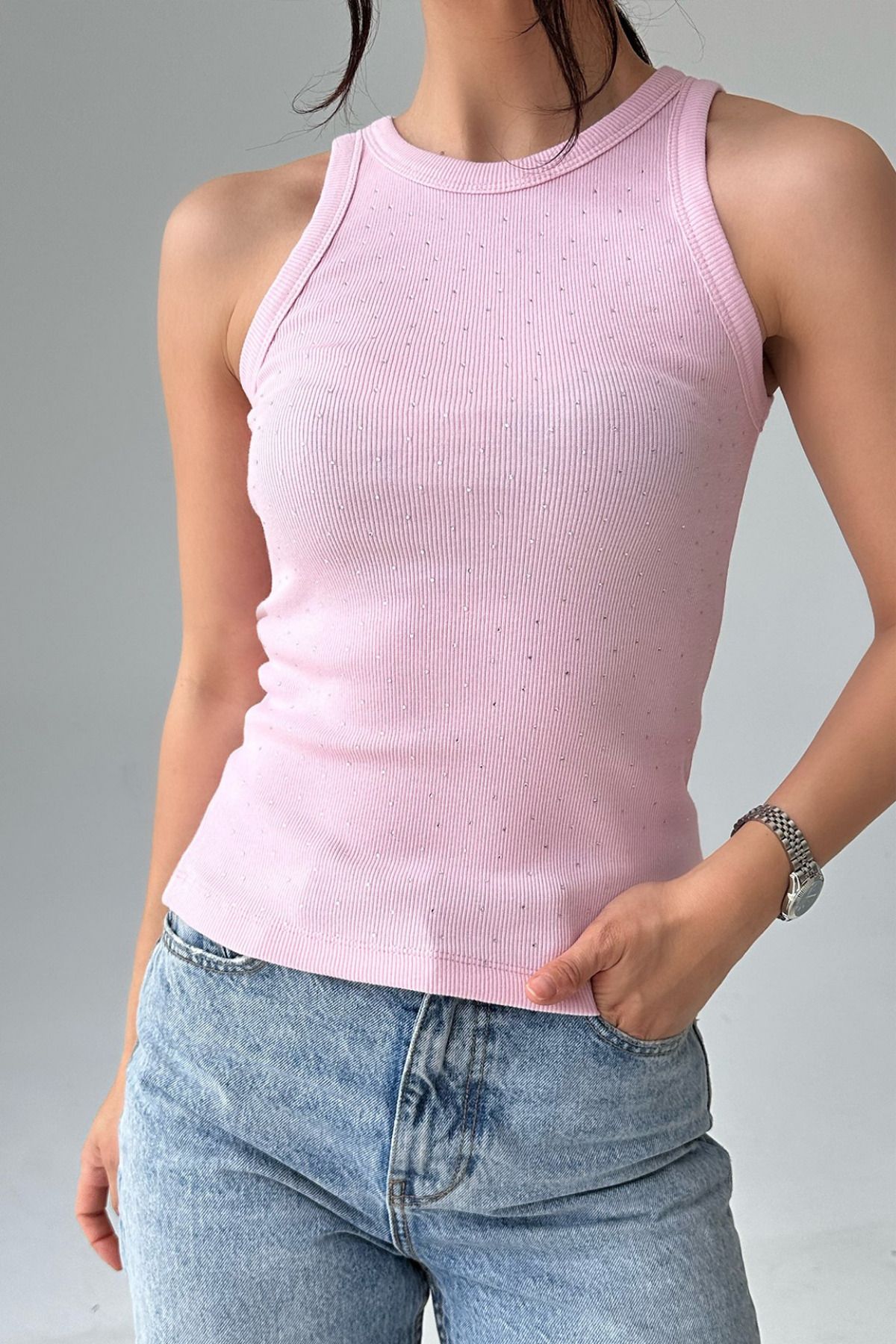 LOOSH Kadın Pembe Halter Yaka Taş İşlemeli Atlet