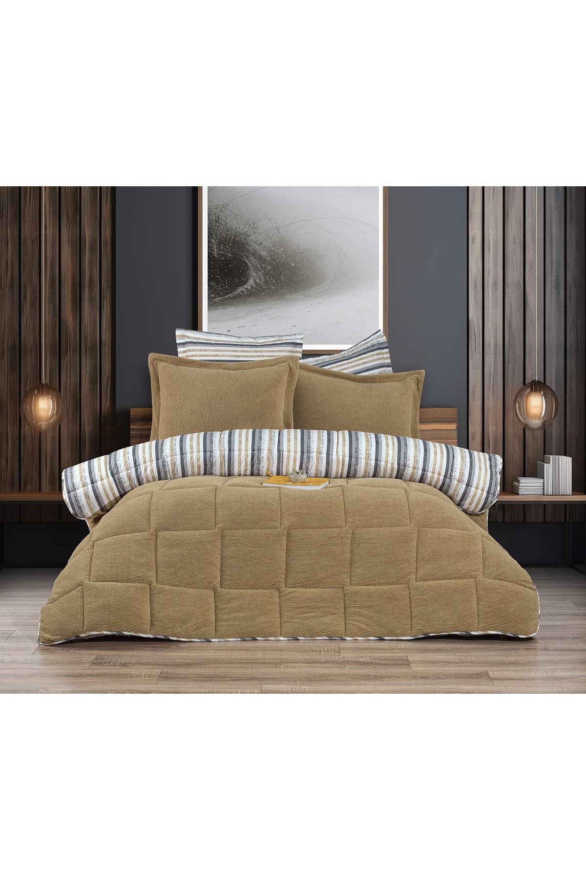 Stoffa Sherpa Kapuçino Pamuk ve Kuzu Yünü Comforter Uyku Set