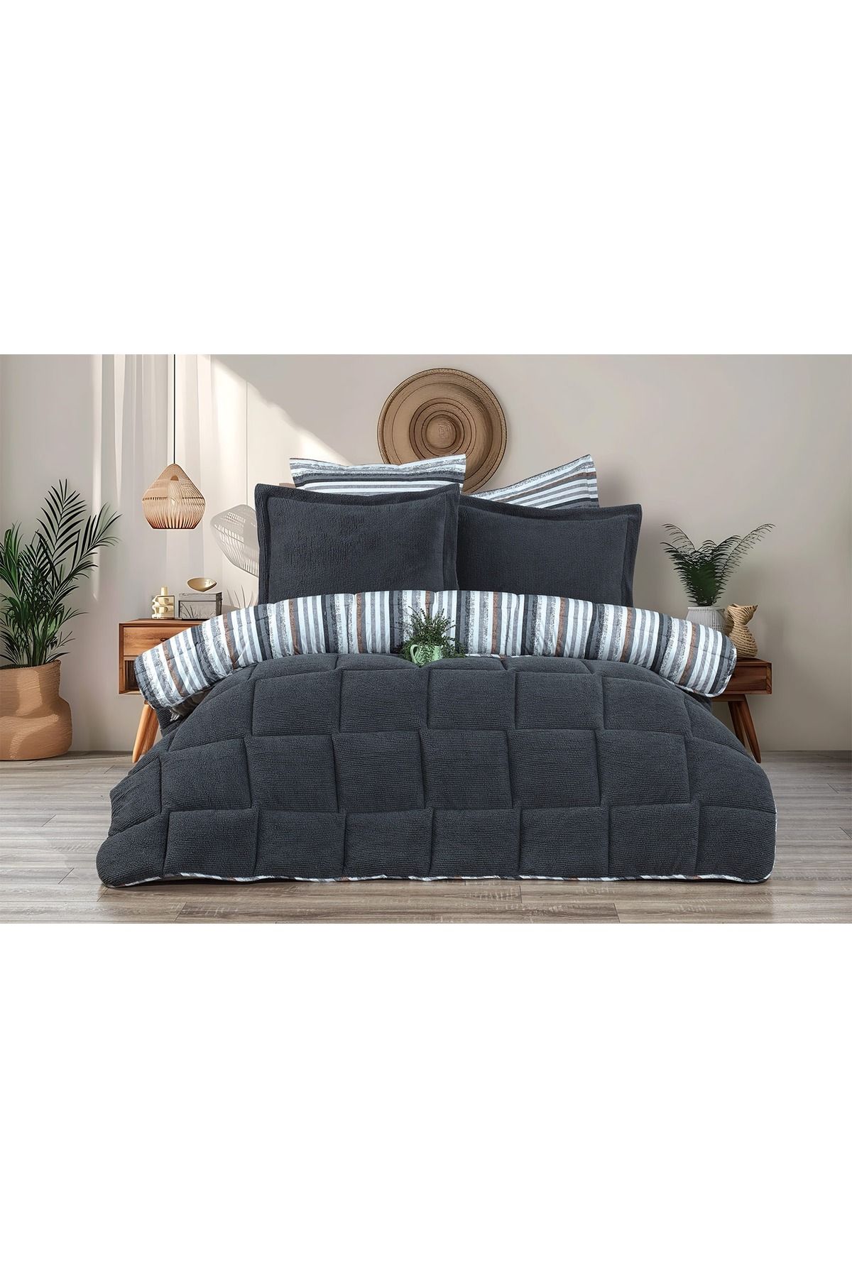 Stoffa Sherpa Antrasit Pamuk ve Kuzu Yünü Comforter Uyku Set