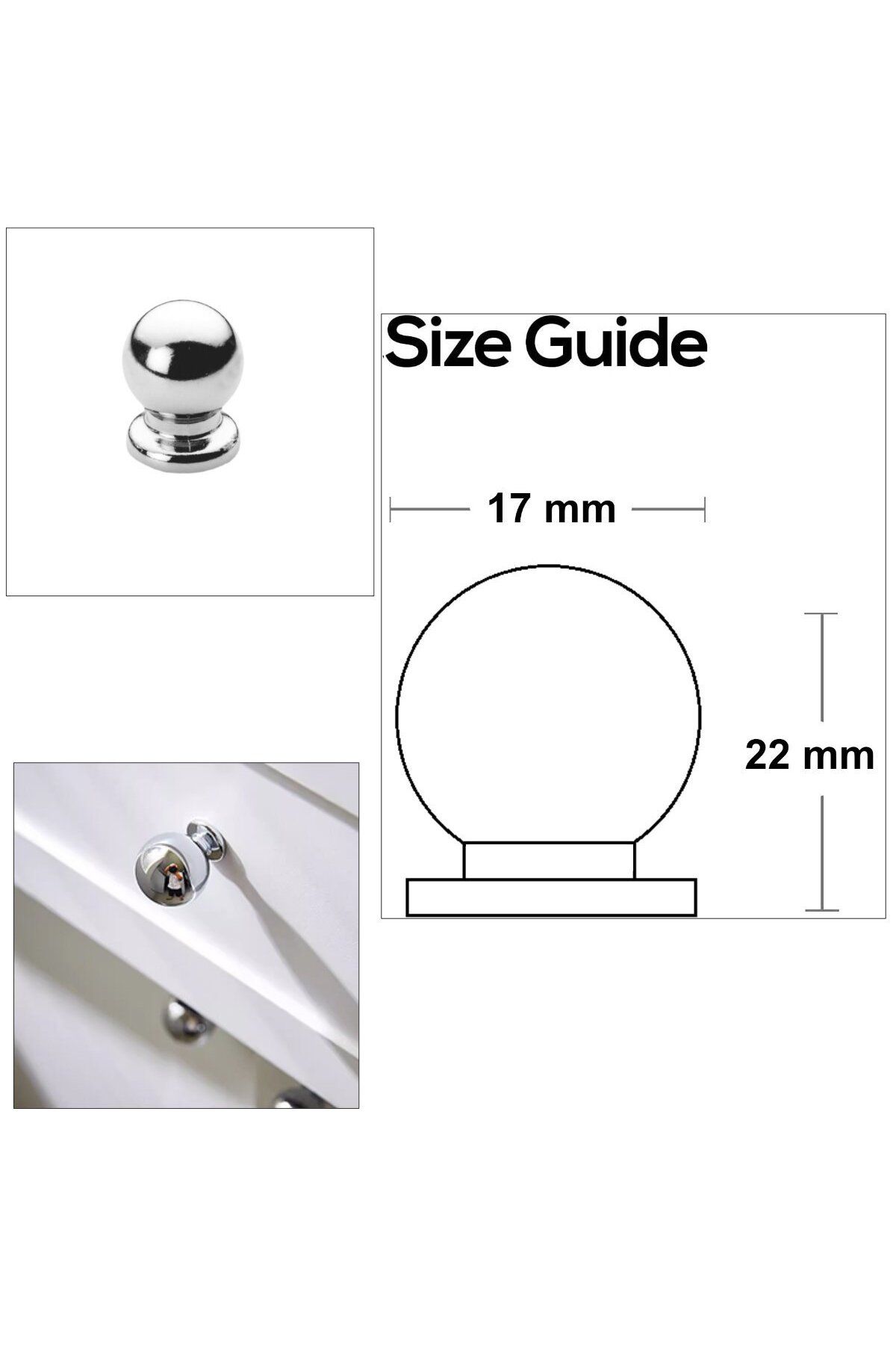 OEM-Furniture knob, metal, spherical shape, diameter 17 mm, MOB-67029, height 22 mm, silver 2