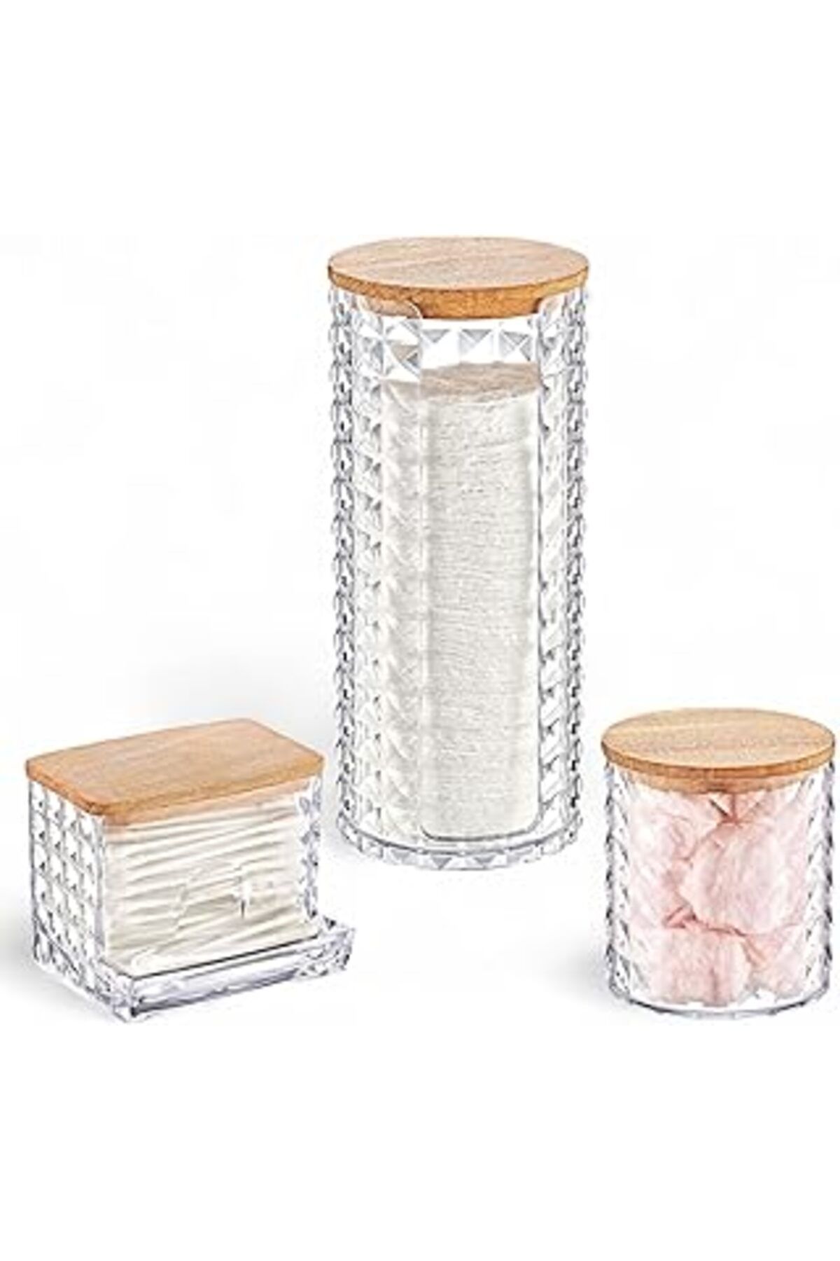 Qedii Deconox Diamond Ahşap Kapaklı 3'Lü Organizer Set, Diamond Model Modern Pamukluk Düzenleyici Şık 3'L
