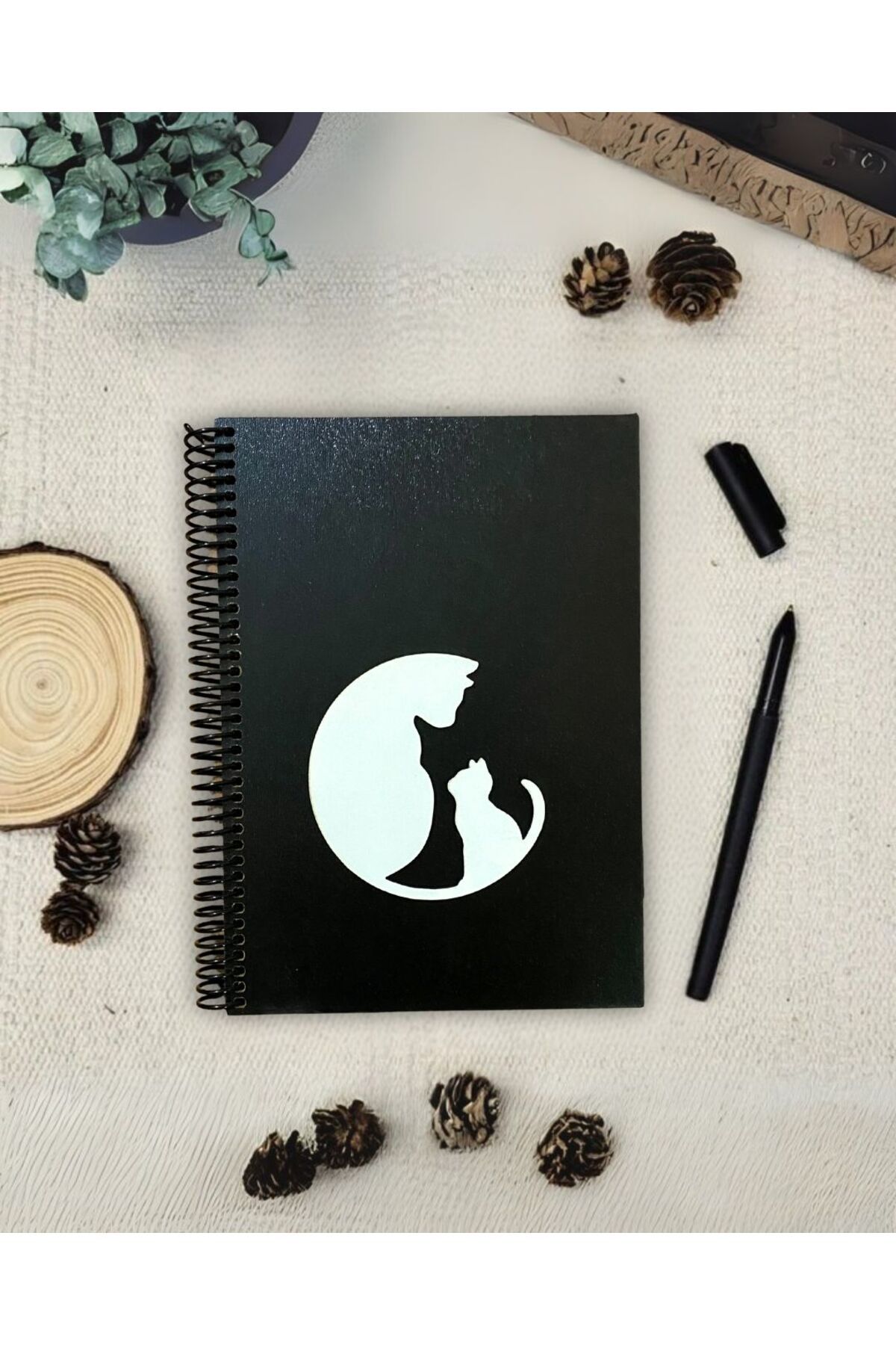 Tasarım Siyah Defter Siyah Yapraklı Ahşap Kapaklı Kedi Temalı Anı Defteri | Albüm, Hediye, Hatıra, Günlük Defter