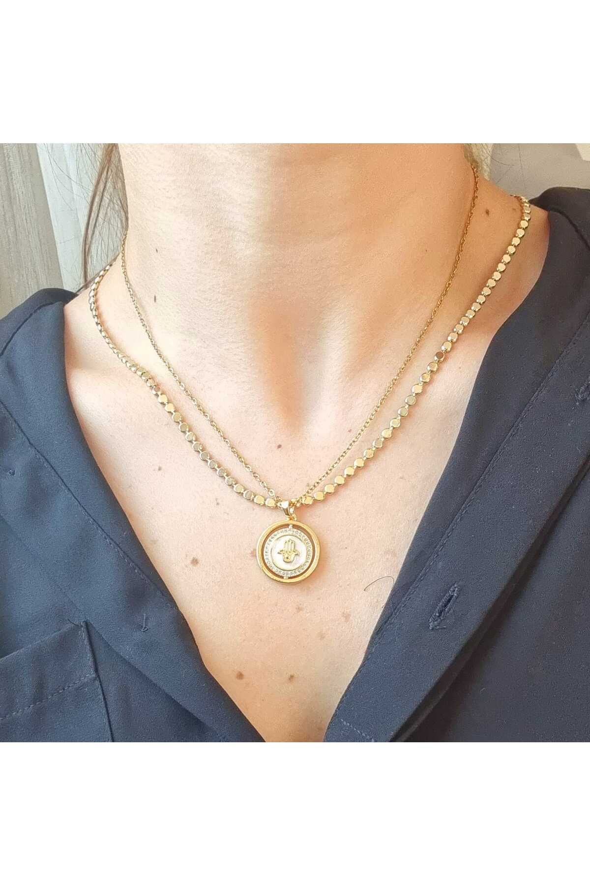 İNİTİUM VIP Seri Paslanmaz Çelik Beyaz Mineli Fatma Ana Eli Kolye