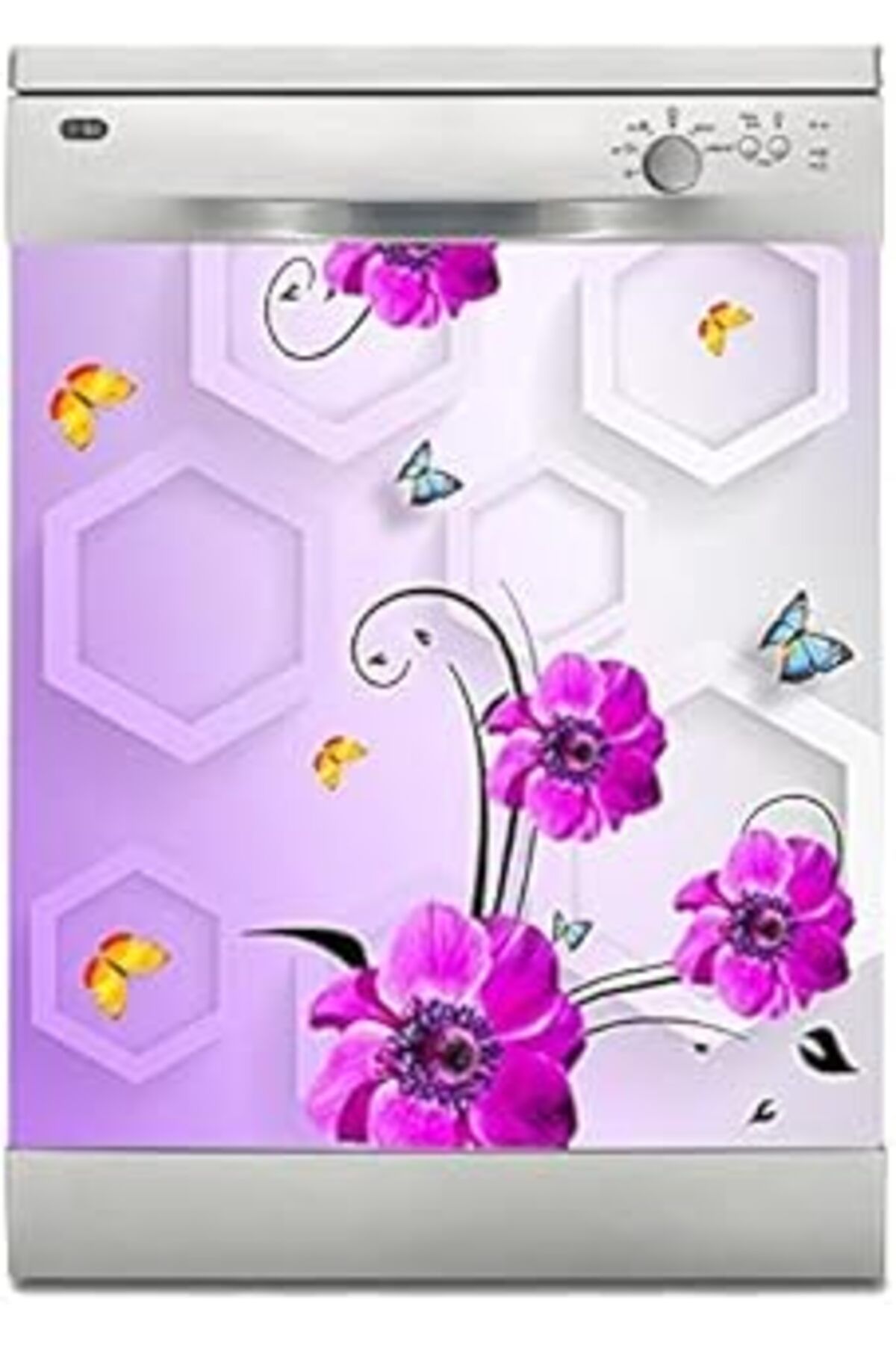 NETWORK ART Bulaşık Makinesi Sticker Kaplama Beyaz Eşya Kaplama 3D Altigen Mor Çiçek