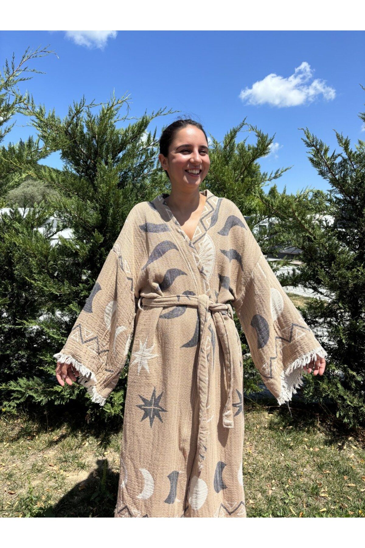 Bohoyasam Güneş Desenli Unisex Kaftan, %100 Organik Pamuk, Bohem Kimono, 3 Kat Dokuma, Ev Bornozu, Uzun Kimono