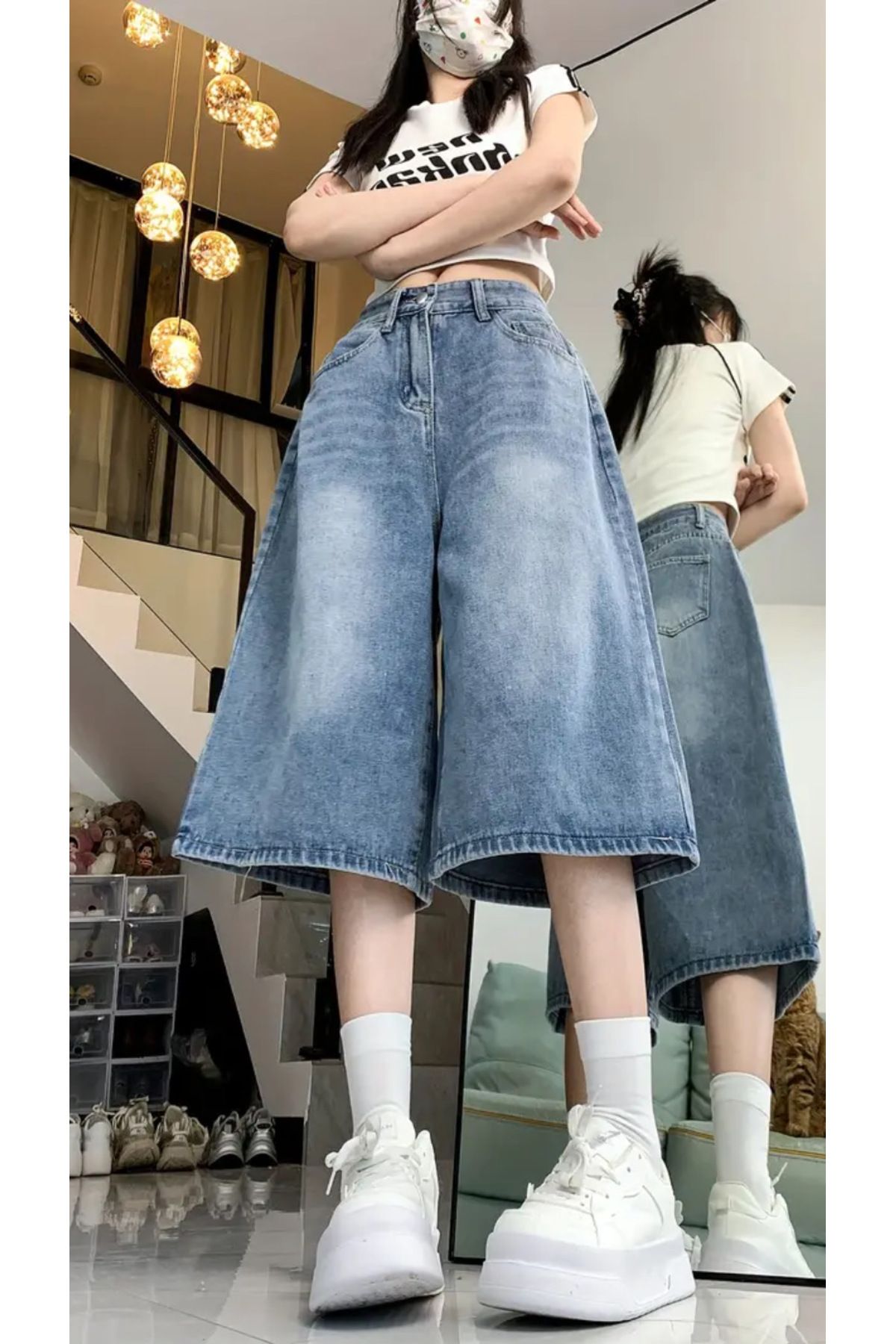 Weekeep Y2k Yıkamalı Kumaş Unisex Jean Bermuda/Şort