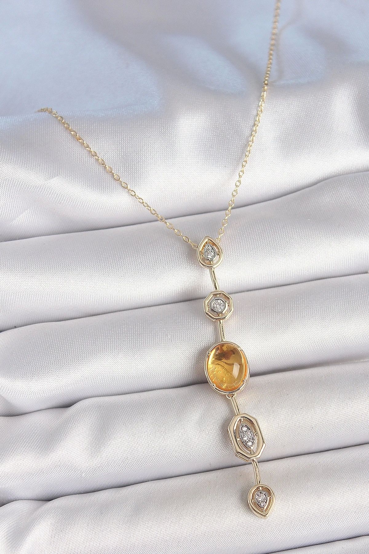 shopwave Pirinç Zincir Kehribar Sarı Gold Renk Zirkon Taşlı Y Kolye