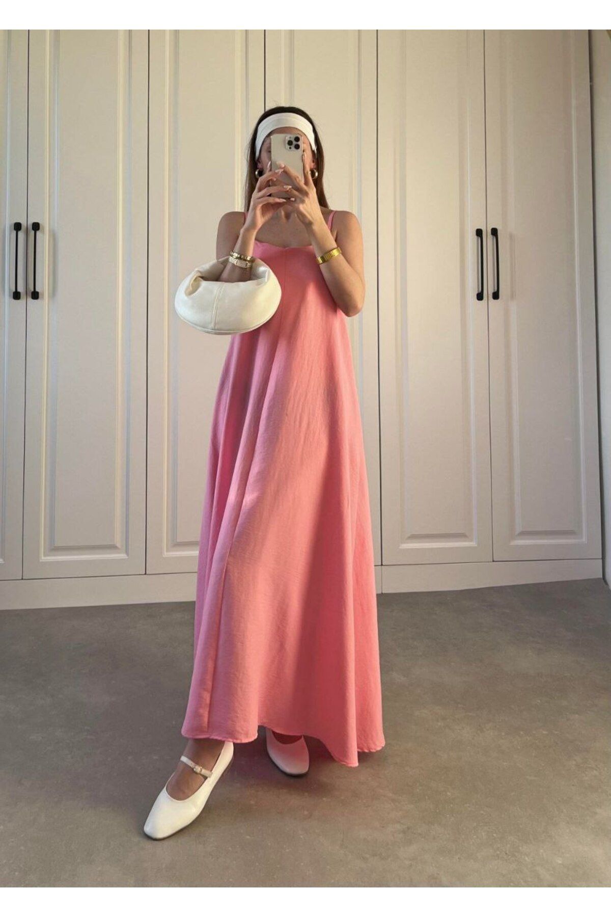 Lovely butik KADIN YAZLIK İNCE ASKILI KETEN UZUN ELBİSE