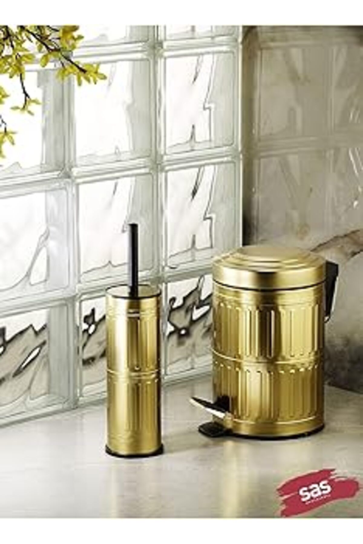 NETWORK ART Sas Haus Pedallı Çöp Kovası Tuvalet Wc Fırçası Banyo Çöp Kovası 2Li Banyo Seti 5 Litre Gold Vintage