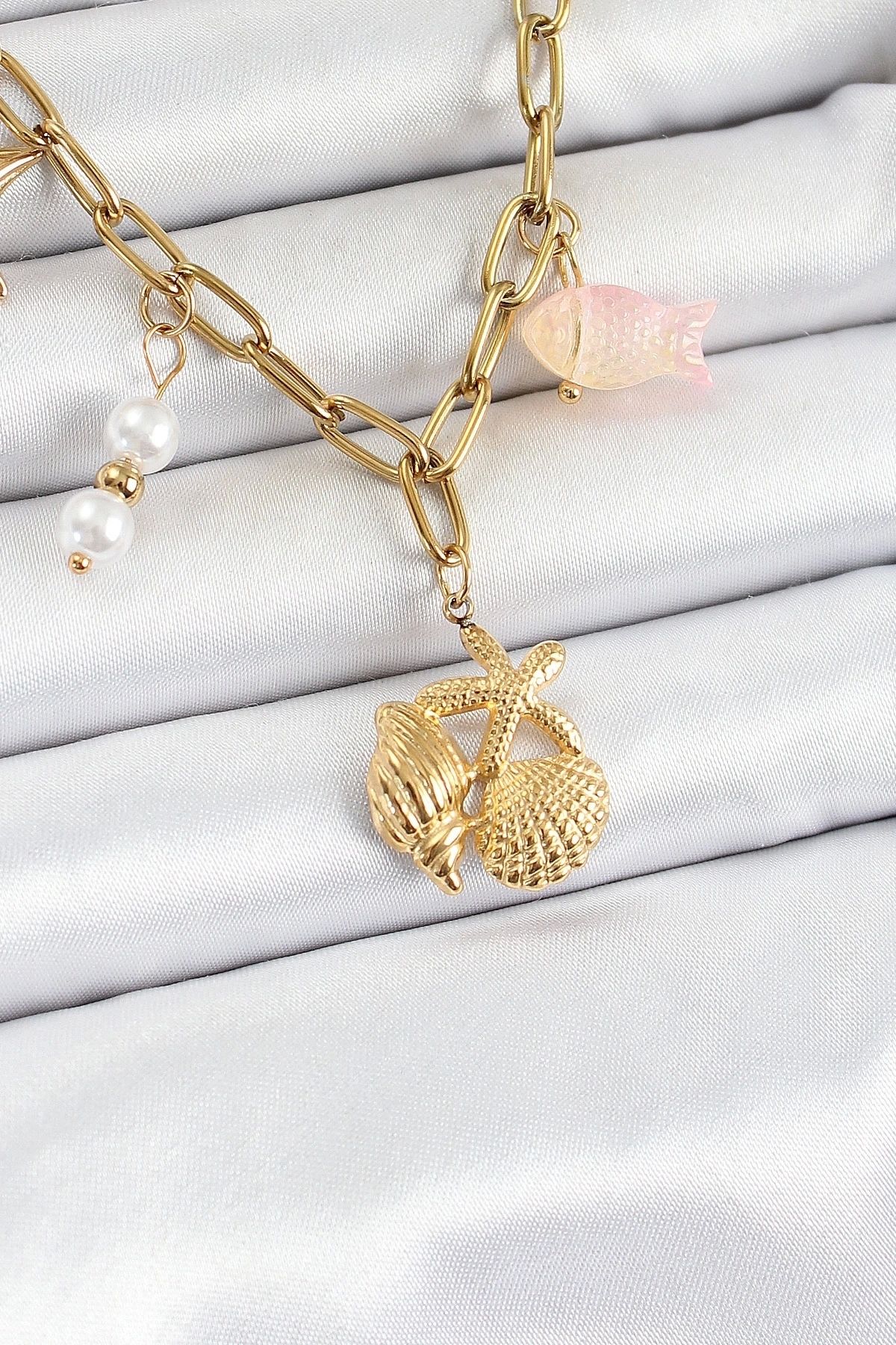 shopwave 316L Çelik Gold Renk Deniz Yıldızı ve Deniz Kabuğu Konsept Kadın Kolye