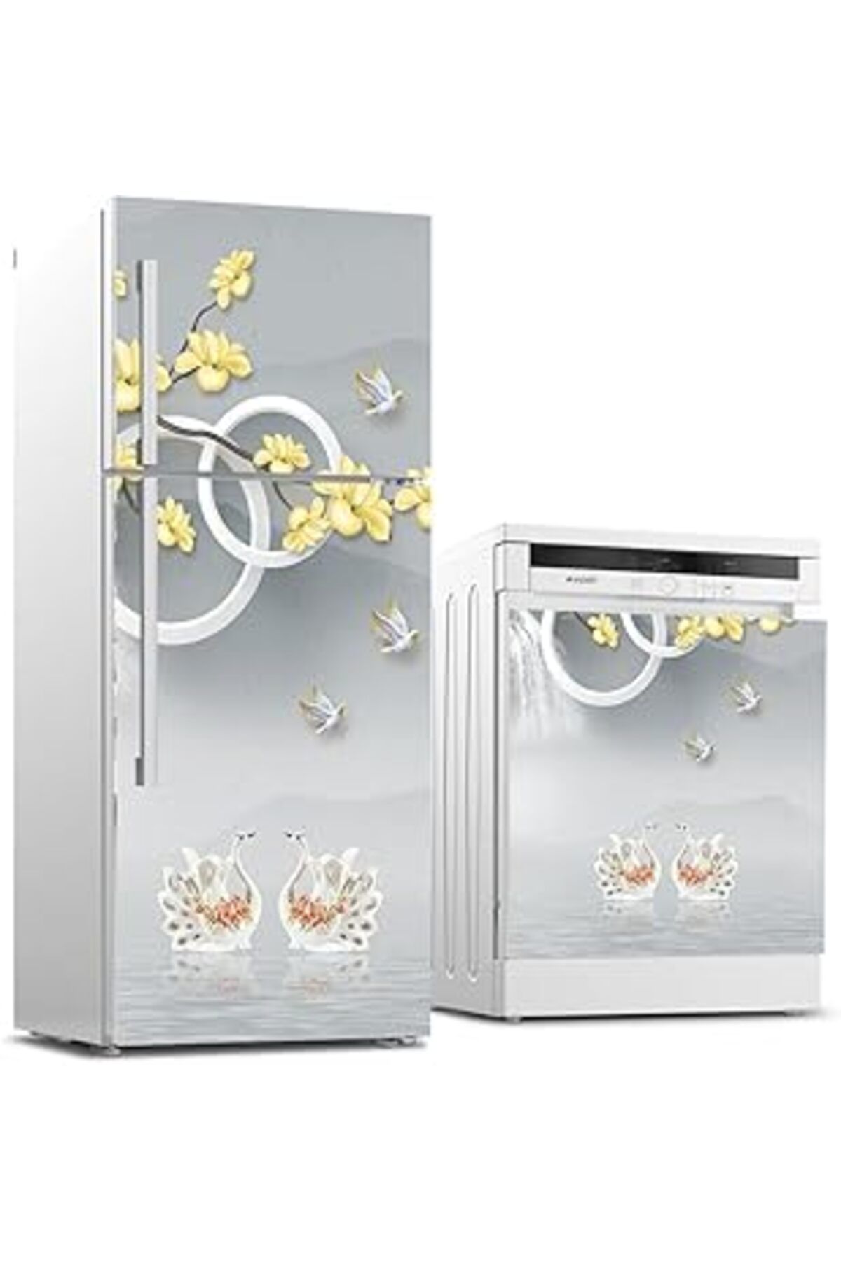 NETWORK ART Buzdolabı Ve Bulaşık Makinası Beyaz Eşya Sticker Kaplama 3D Kuğu