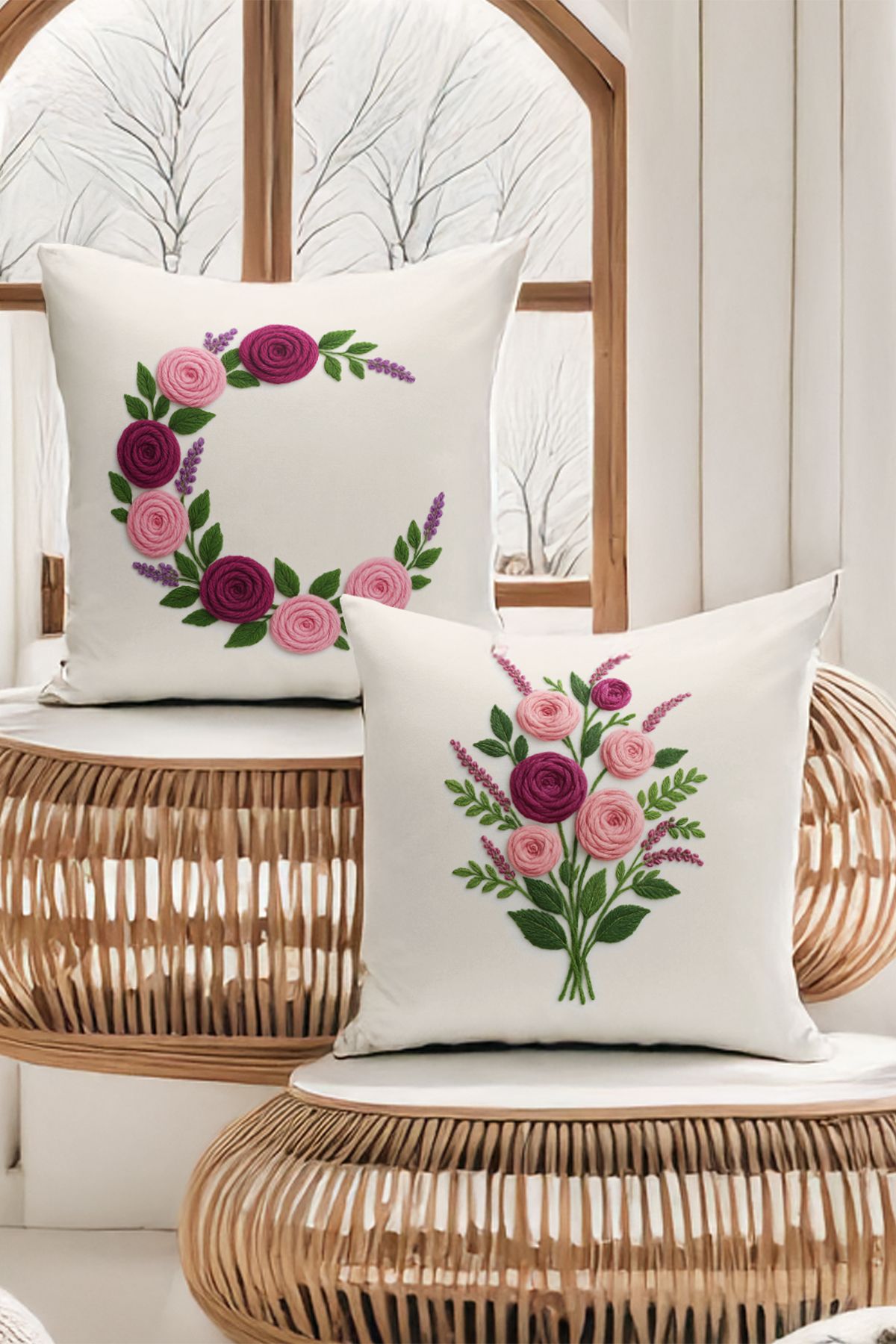 Bertille Home-Double Side Digital Printed Set of 4 Throw Pillow Covers (Punch/Punch Embroidery Pattern Look) 1