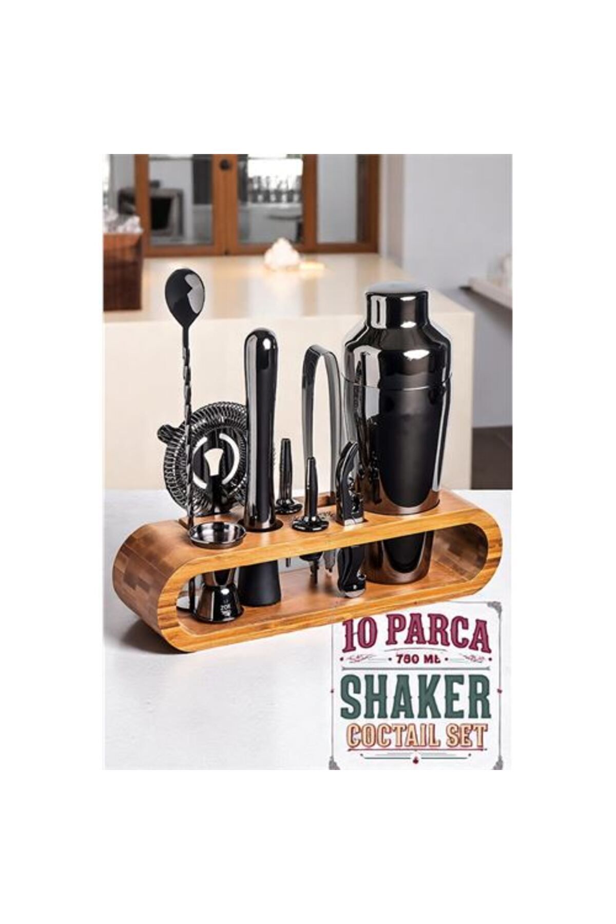 Toptan Bulurum Shaker Kokteyl Set - 10 Parça 750 ML Shaker Coctail Set Bambu Standlı