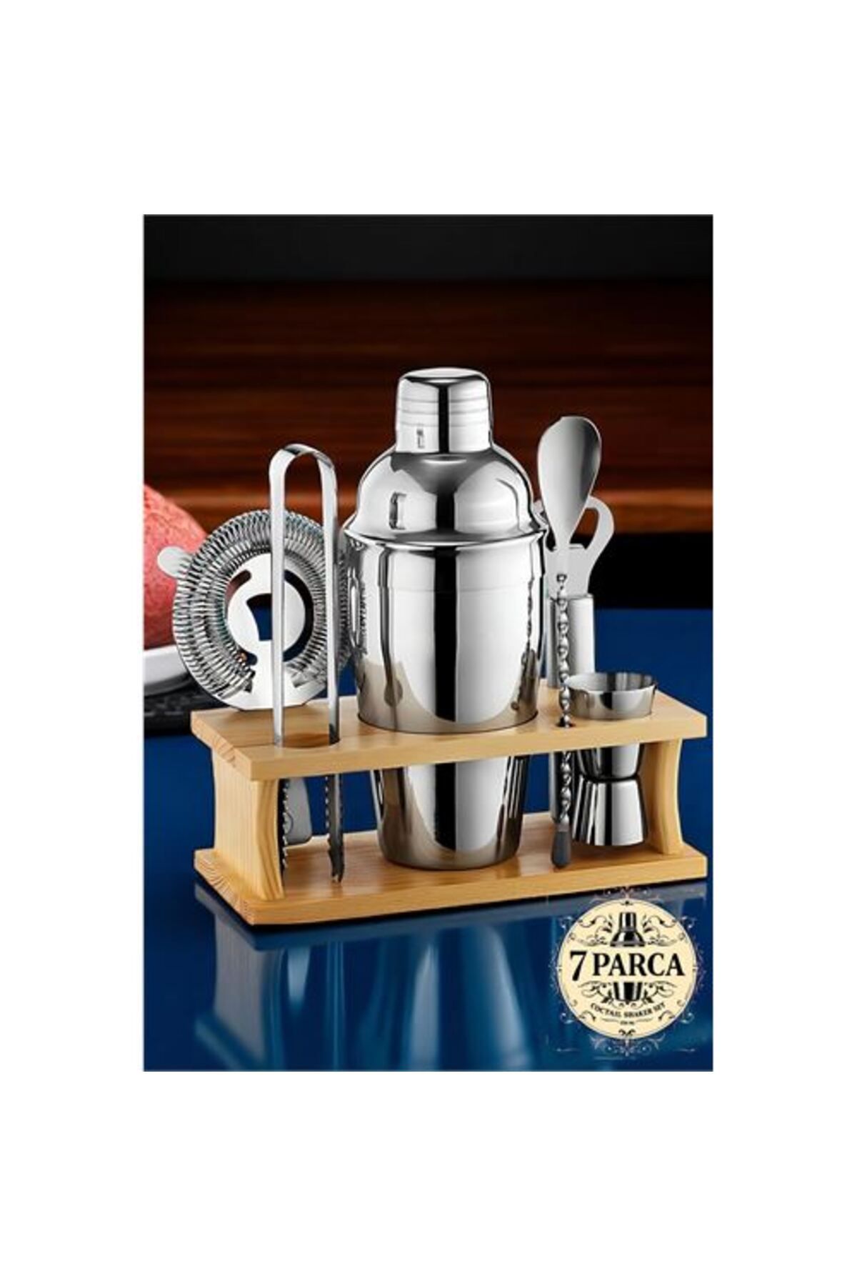 Toptan Bulurum Shaker Kokteyl Set - 7 Parça 550 ML Shaker Coctail Set Bambu Standlı