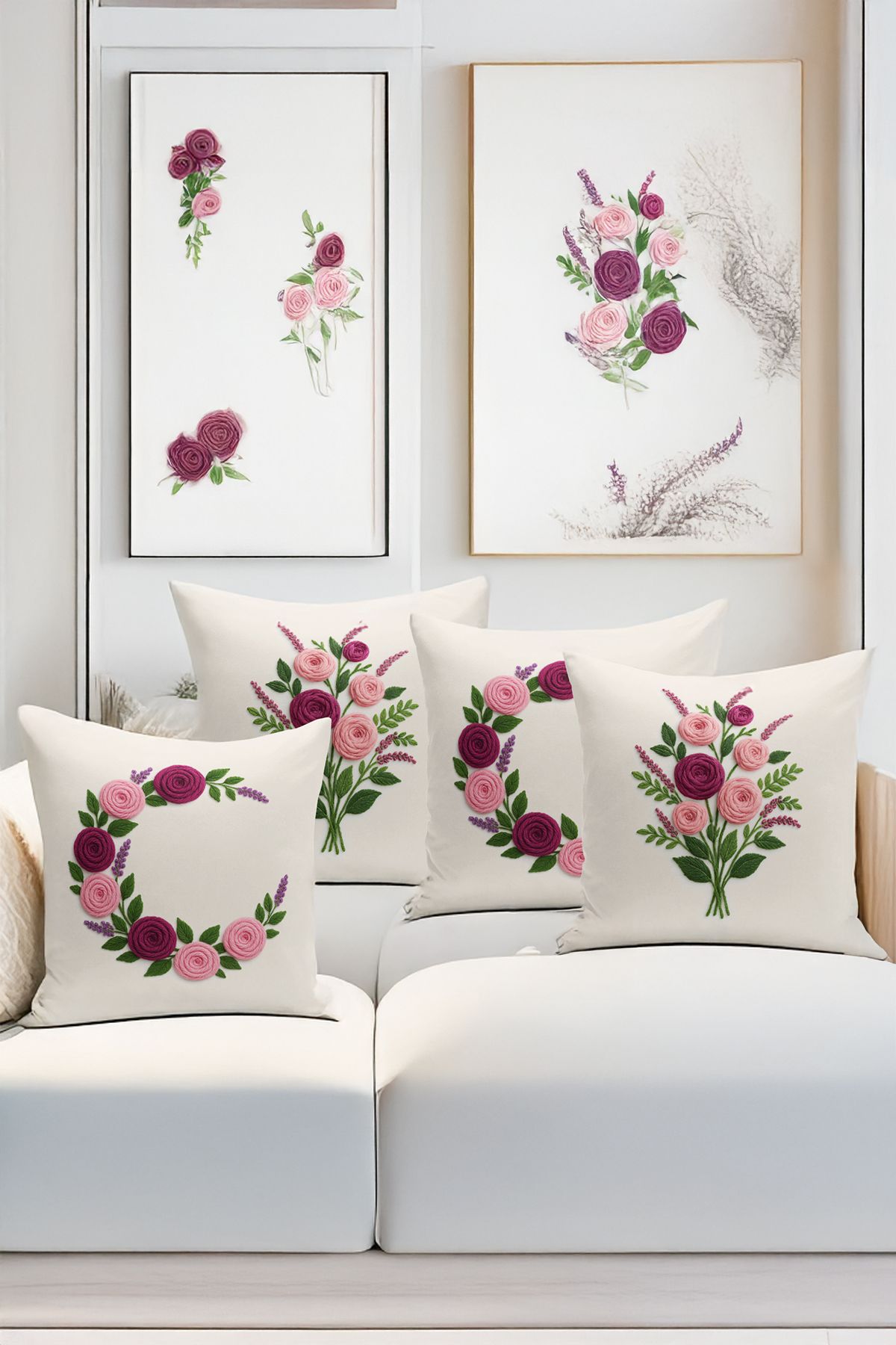 Bertille Home-Double Side Digital Printed Set of 4 Throw Pillow Covers (Punch/Punch Embroidery Pattern Look) 2