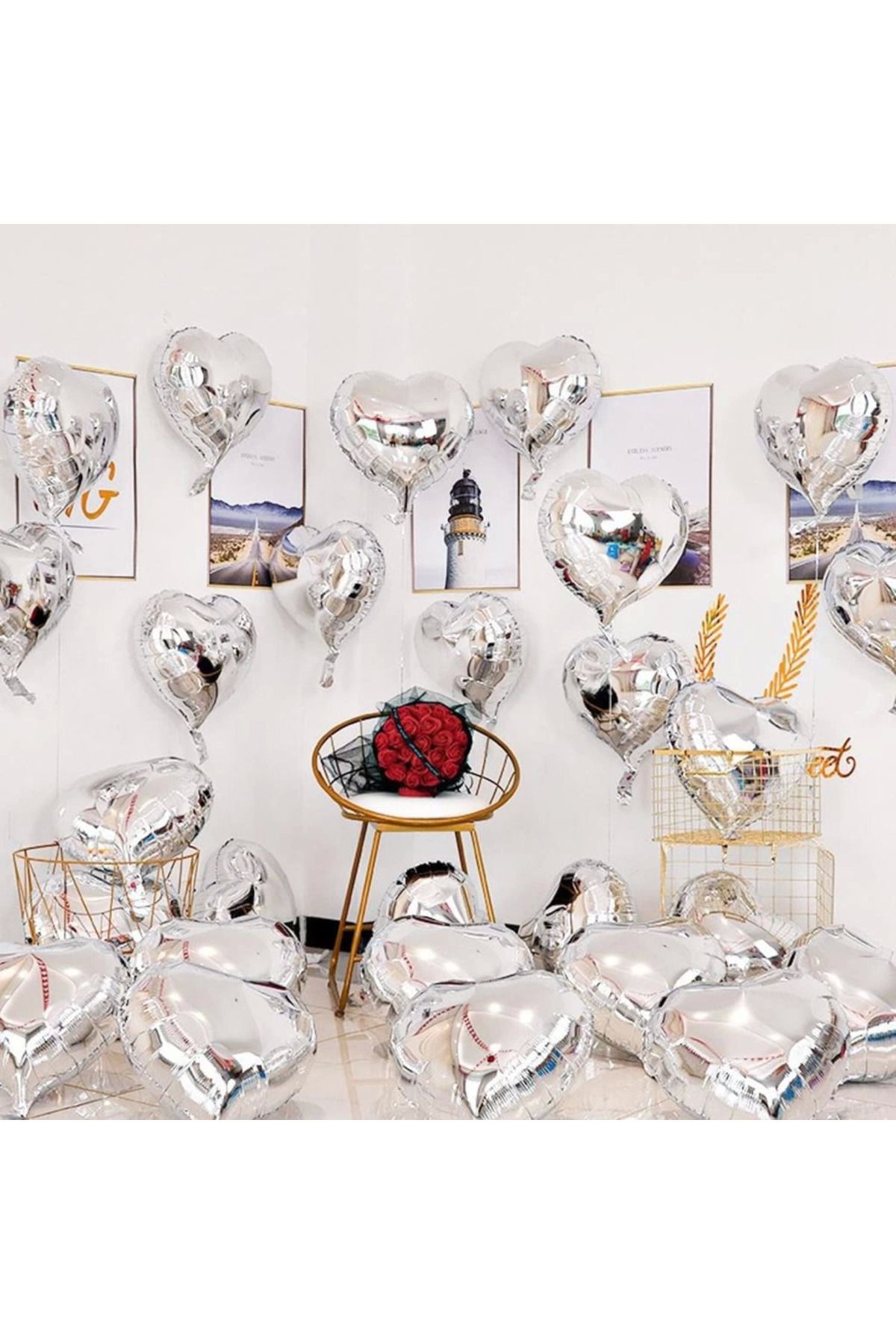 adden BFS Metalize Parlak Gümüş Şekilli Kalp Uçan Balon Folyo 45 cm 10 Adet