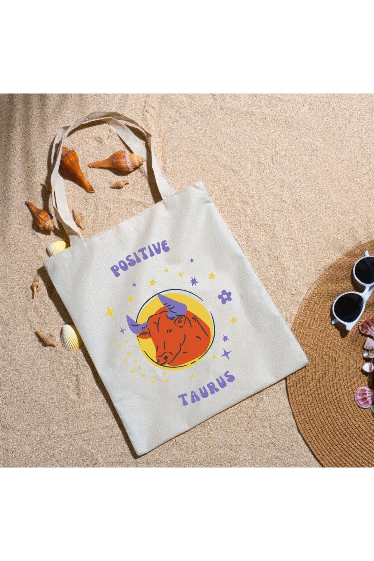 Alaa Butik Online Positive Taurus Yazılı Boğa Burcu Sabırlı ve Dengeli Astroloji Tasarımlı Bez Çanta 35x40 cm