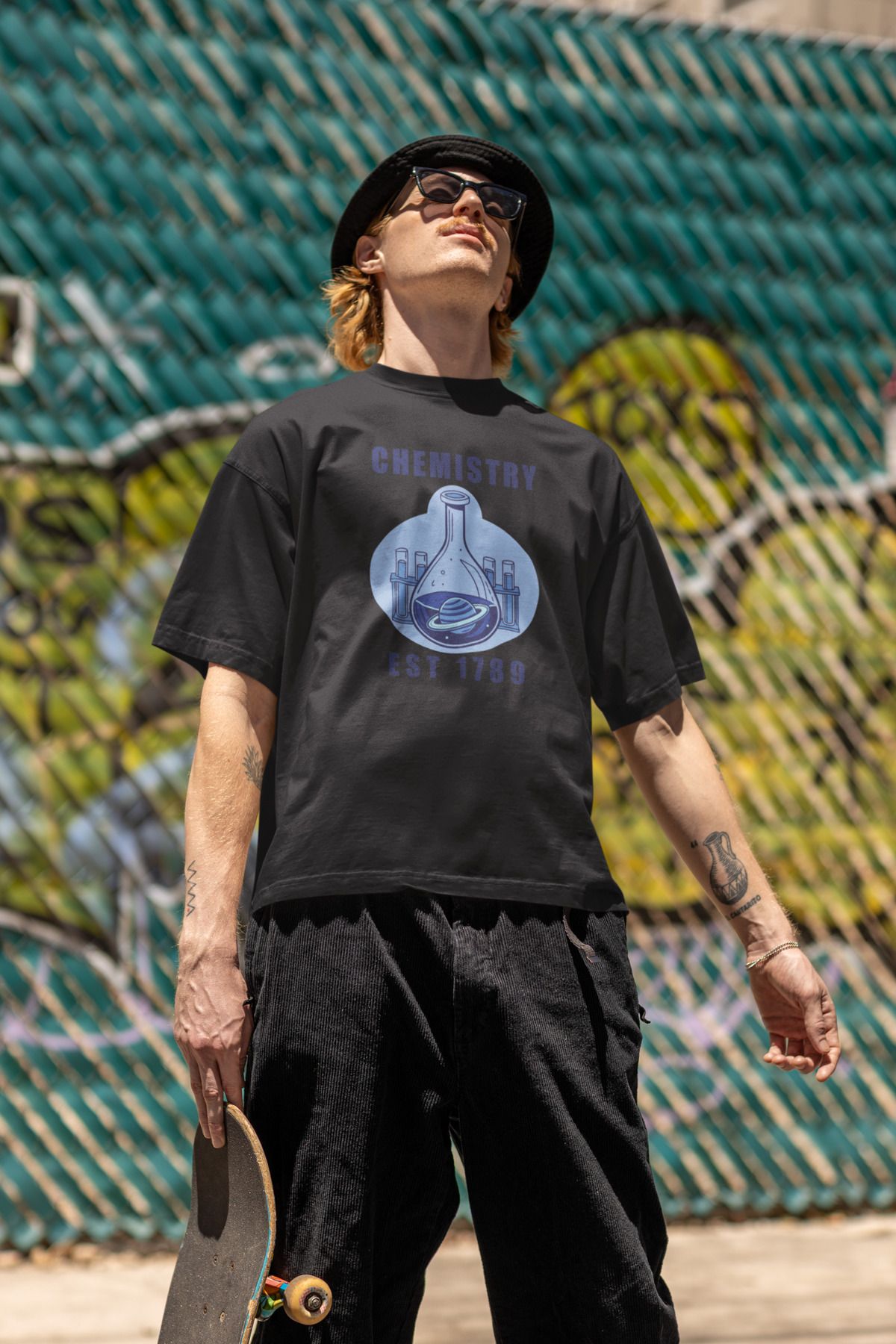 Uniquetex NUBENSE / KİMNE-07 - Oversize Unisex Kimya Baskılı Siyah Bisiklet Yaka T-shirt (Bilim Tişört)